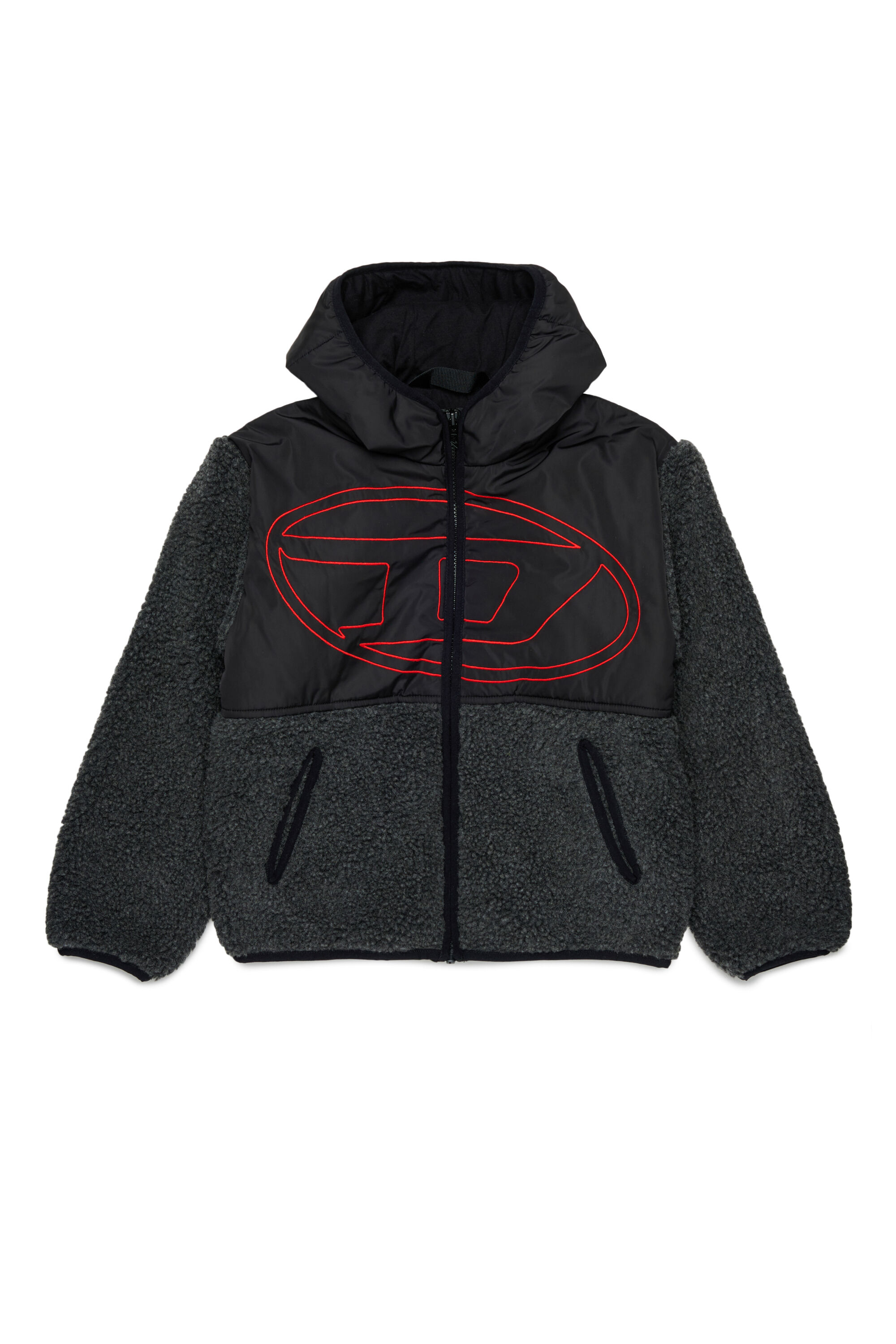 Diesel - JSHEAR, Man's Hooded jacket in nylon and teddy fleece in Black - 1