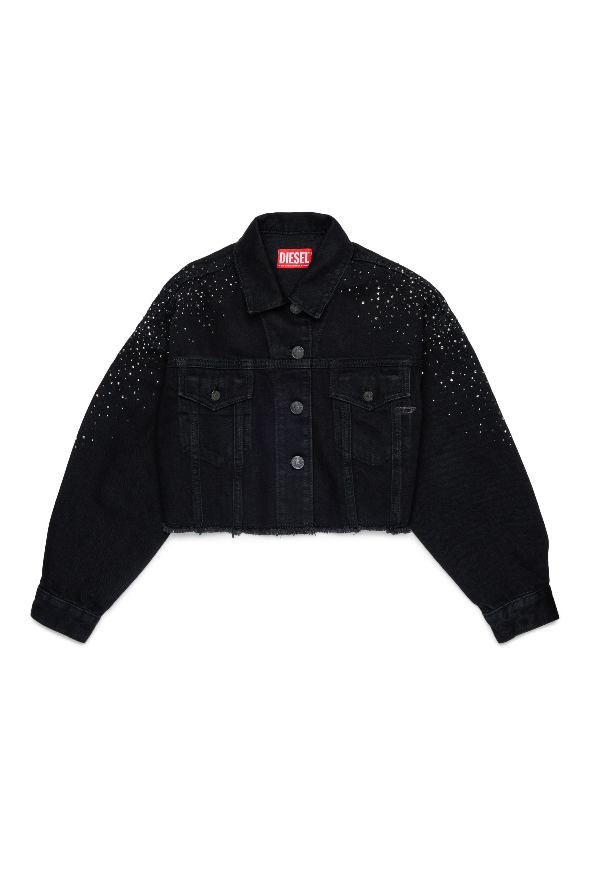 Diesel - JILBY, Damen Cropped verzierte Truckerjacke in Schwarz/Dunkelgrau - 1