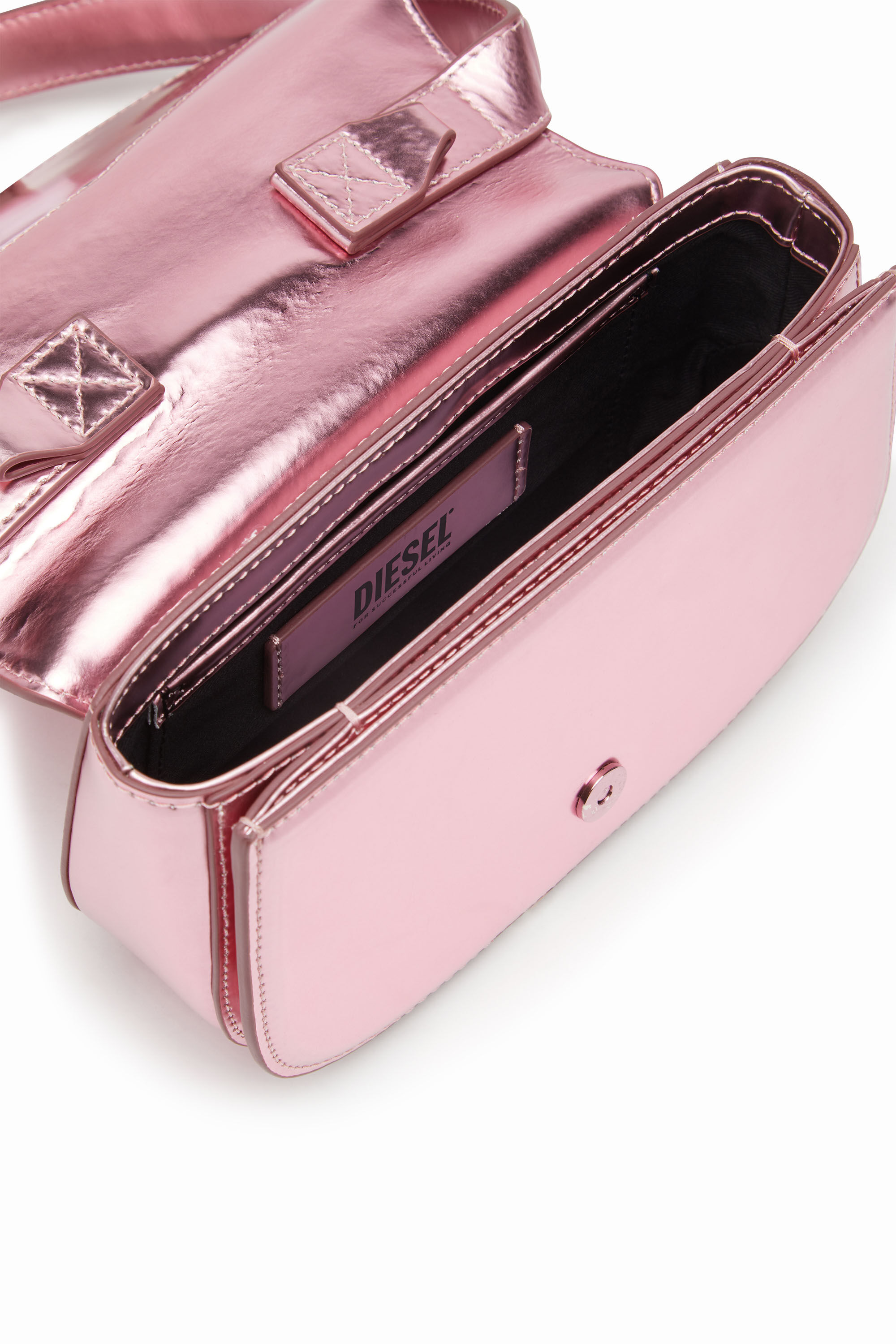 Damen 1DR Ikonische Schultertasche aus Spiegel Leder Rosa Diesel