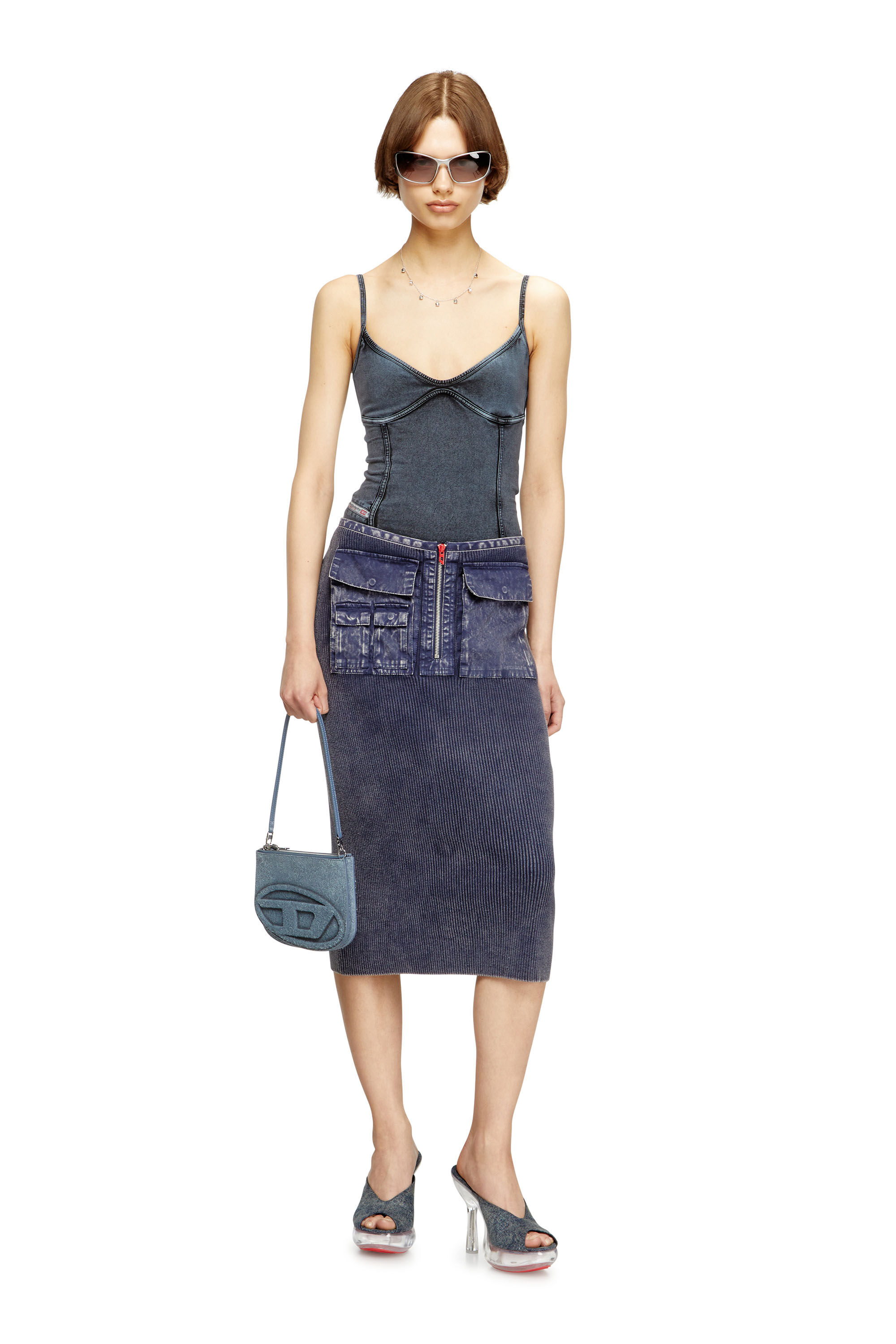 Diesel - M-MERYN, Damen Midirock aus Strick mit Cargotaschen aus Denim in null - 1