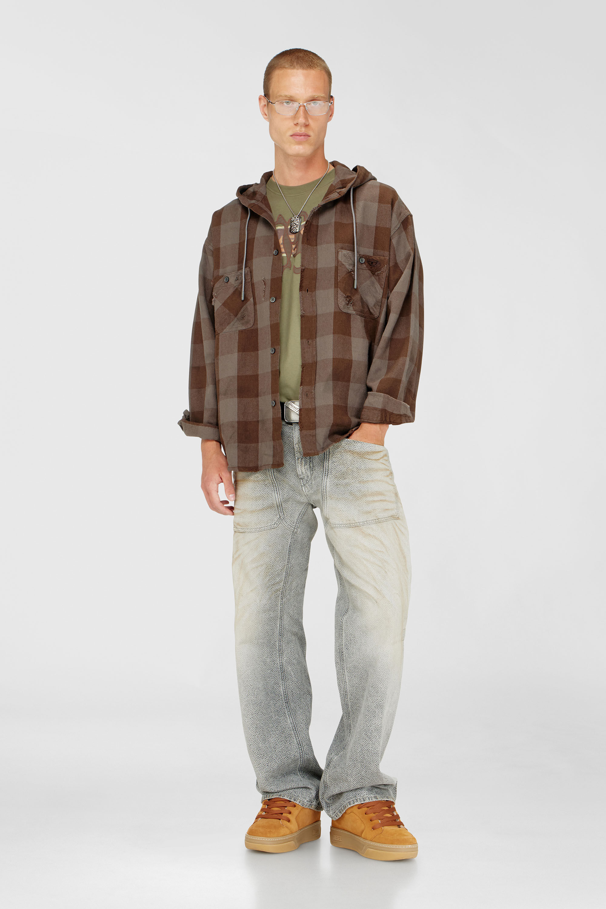 Diesel - S-DRUM-HOODY, Herren Kapuzenshirt aus distressed kariertem Flanell in Braun - 1