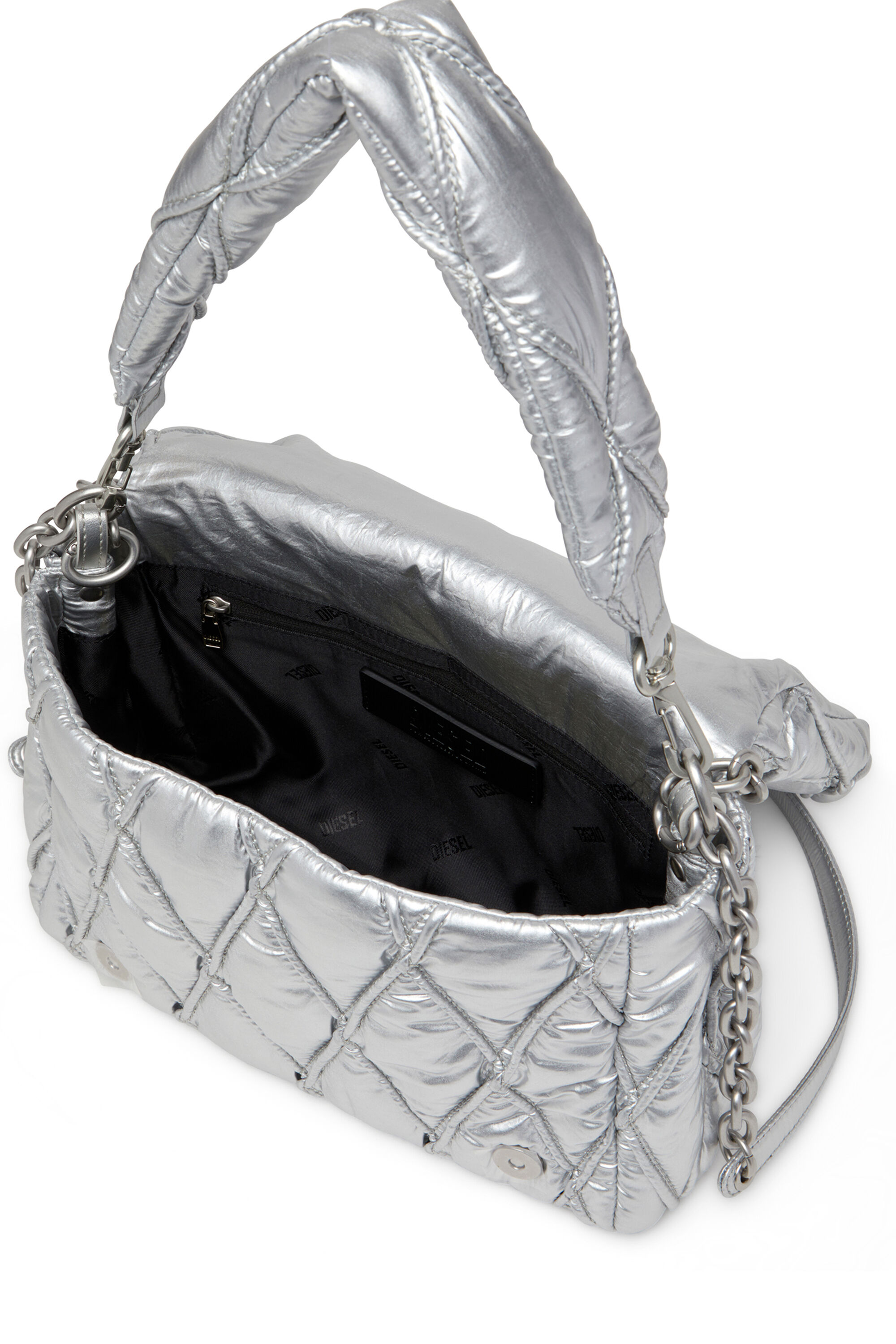 Diesel - CHARM-D SHOULDER M, Damen Charm-D M-Schultertasche aus gestepptem Metallic-Nylon in Silber - 5