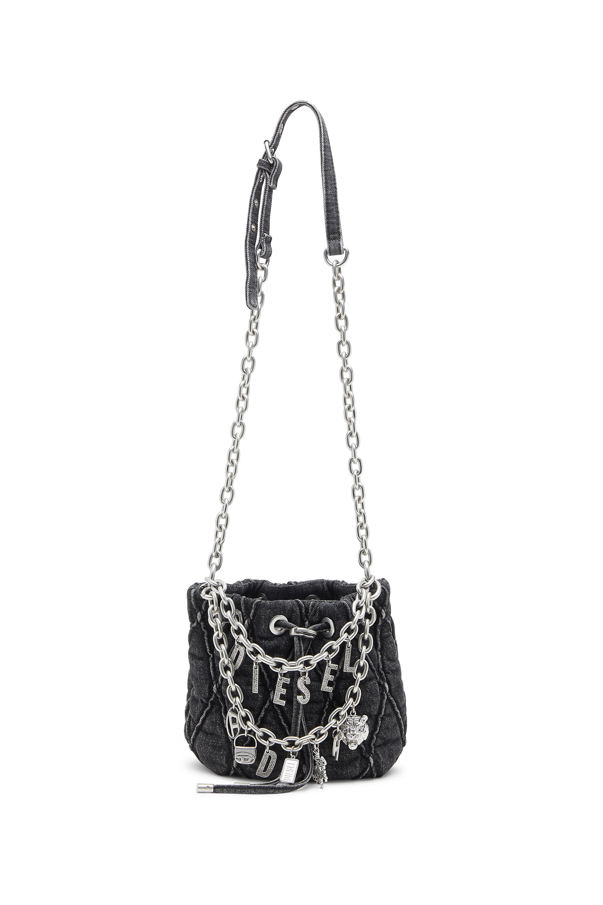 Diesel - HOSHI CHARM-D BUCKET S, Damen Gesteppte Beuteltasche aus Denim mit Kettenanhängern in Schwarz - 1