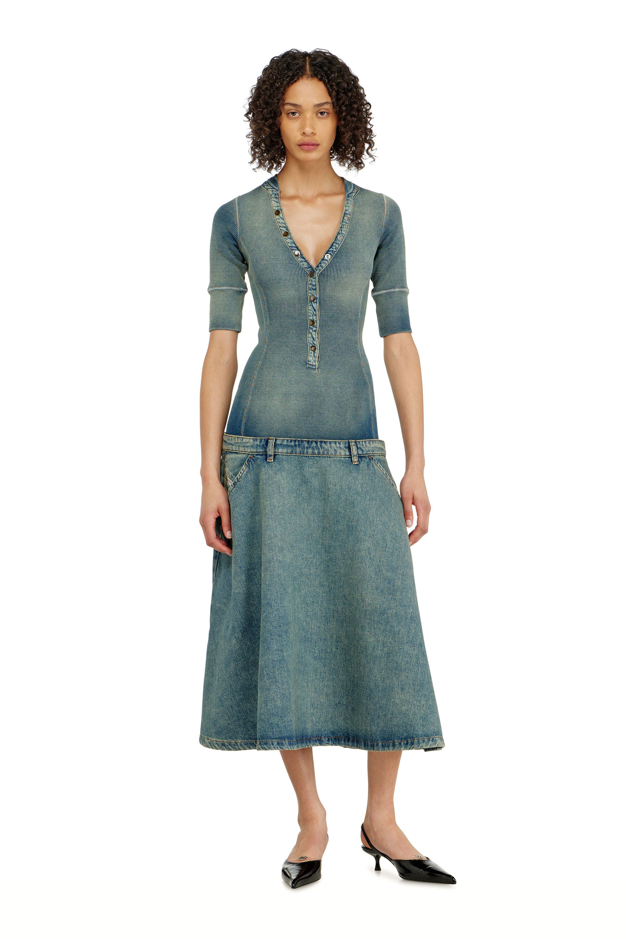 Diesel - DE-ANIM-S, Damen Midikleid mit tiefer Taille aus Strick und Denim in null - 3