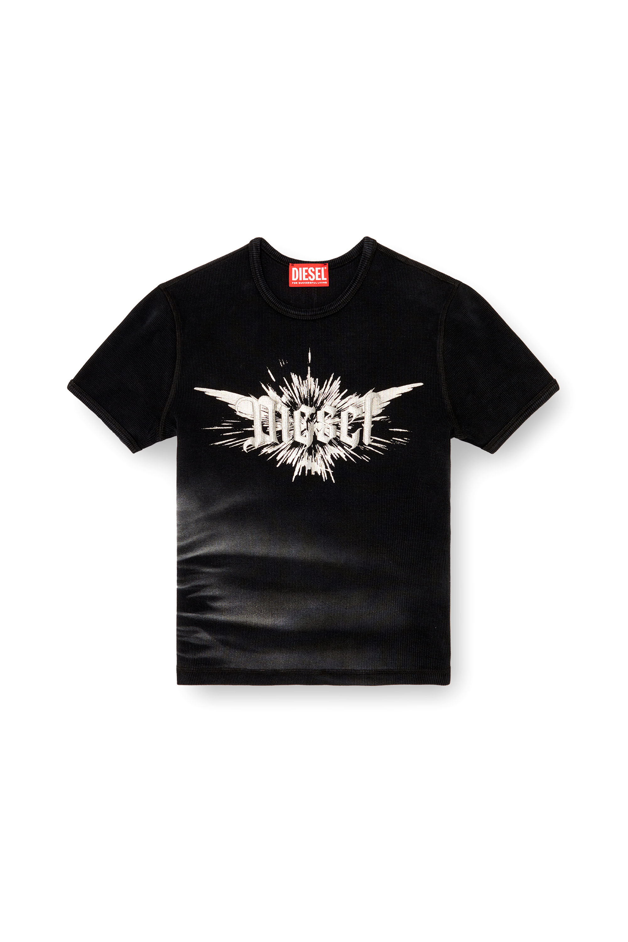 Diesel - T-ELE-LONG-P2, Damen T-Shirt mit flügelförmigem Diesel-Folien-Print in Schwarz - 2