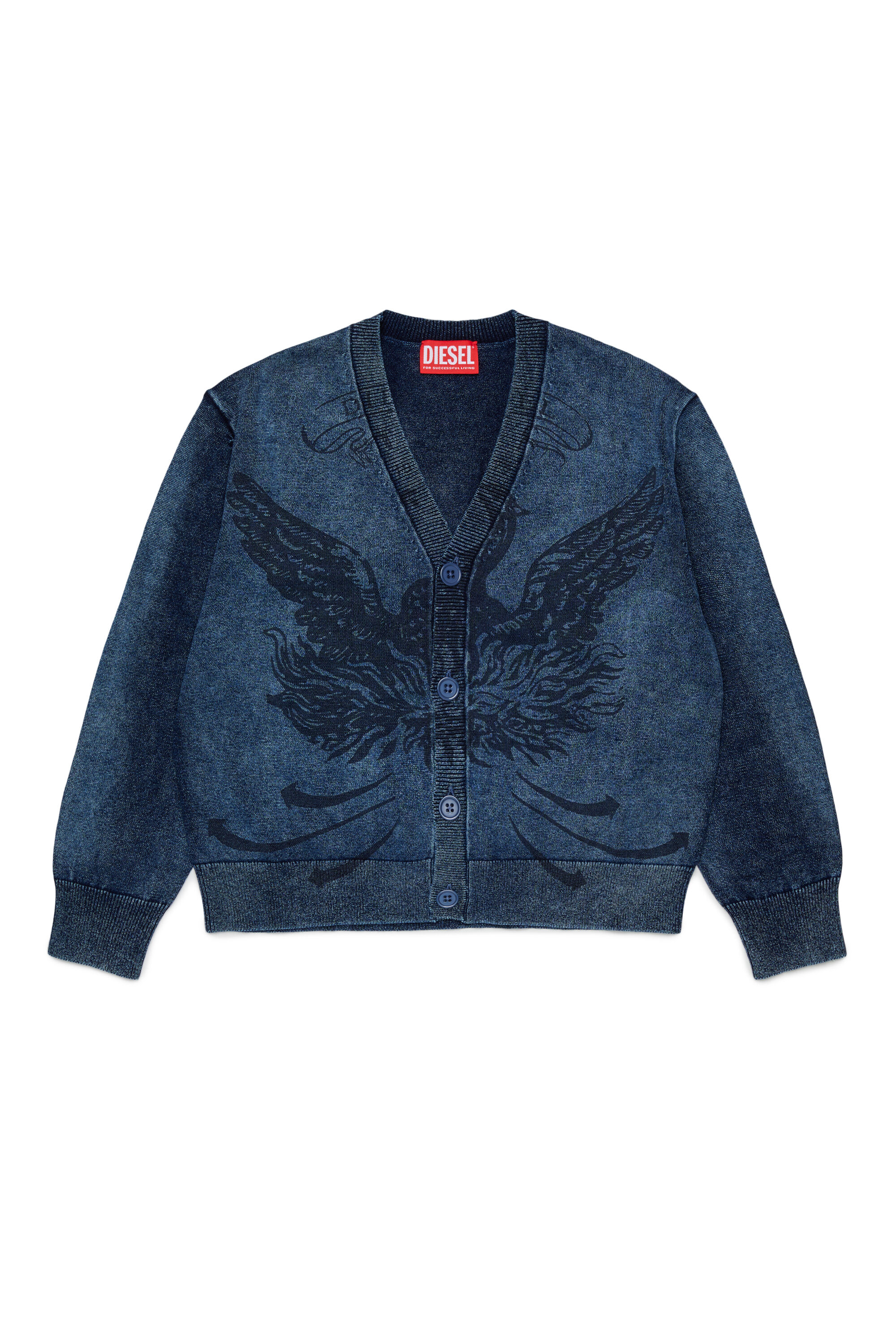 Diesel - KFINNIC CARDIGAN OVER, Man's Denim-effect cardigan with phoenix motif in Dark Blue - 1