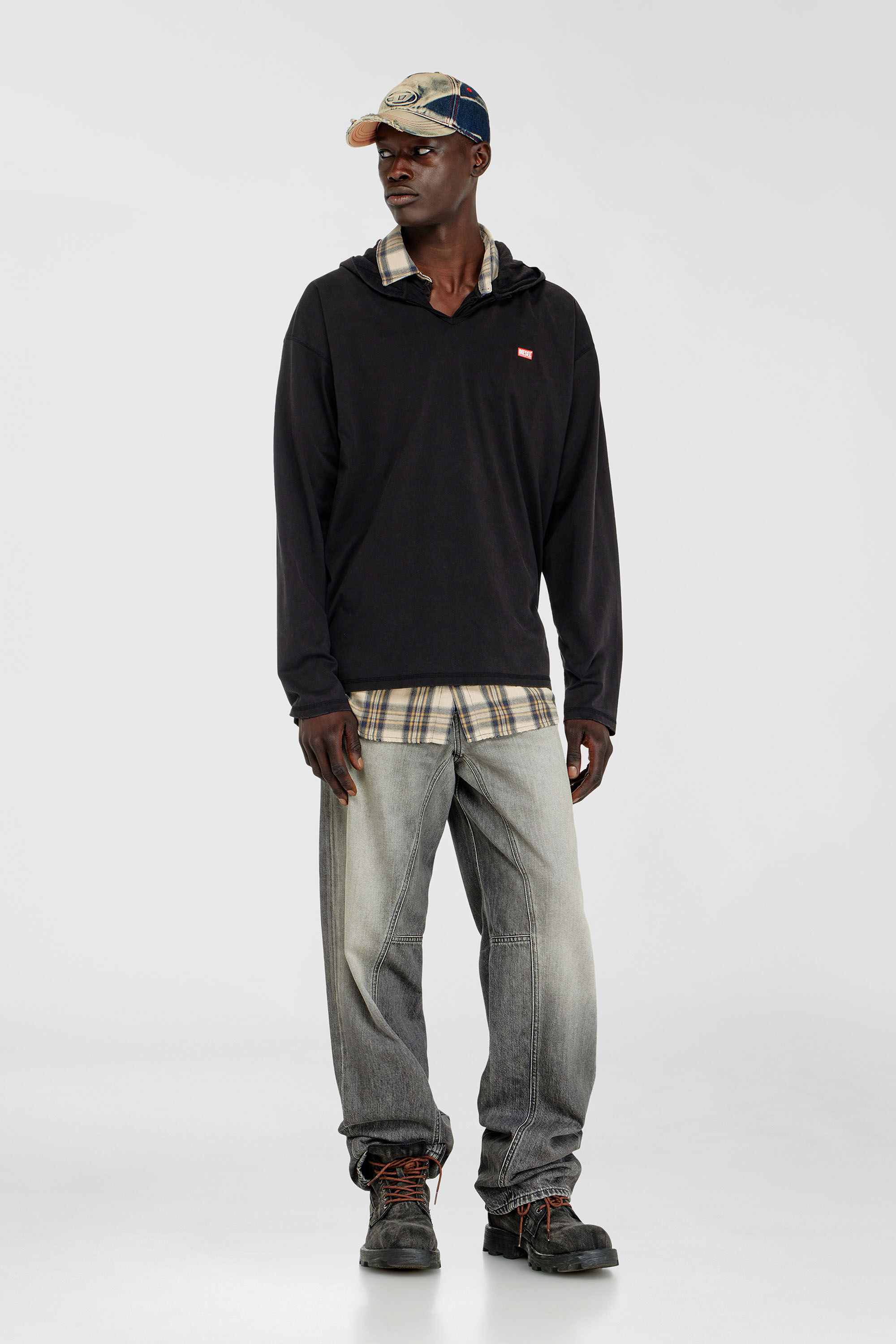 Diesel - T-BOXT-LS-HOOD-CHECK, Herren Langarm-T-Shirt mit Flanell-Kapuze in Schwarz - 1