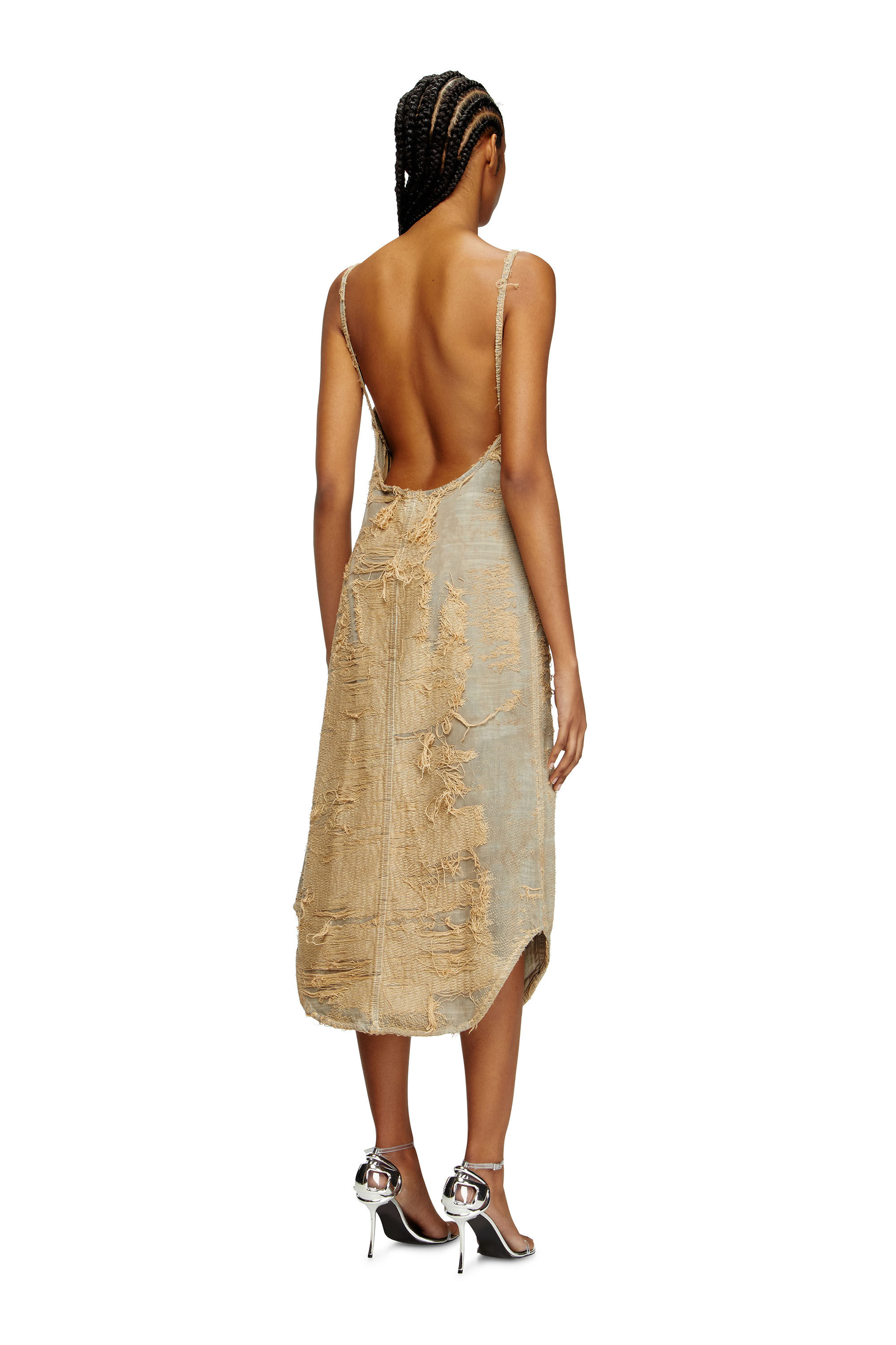 Diesel - DE-VERA-FSG, Damen Kleid aus überfärbtem Denim mit fließenden Fäden in Beige - 4