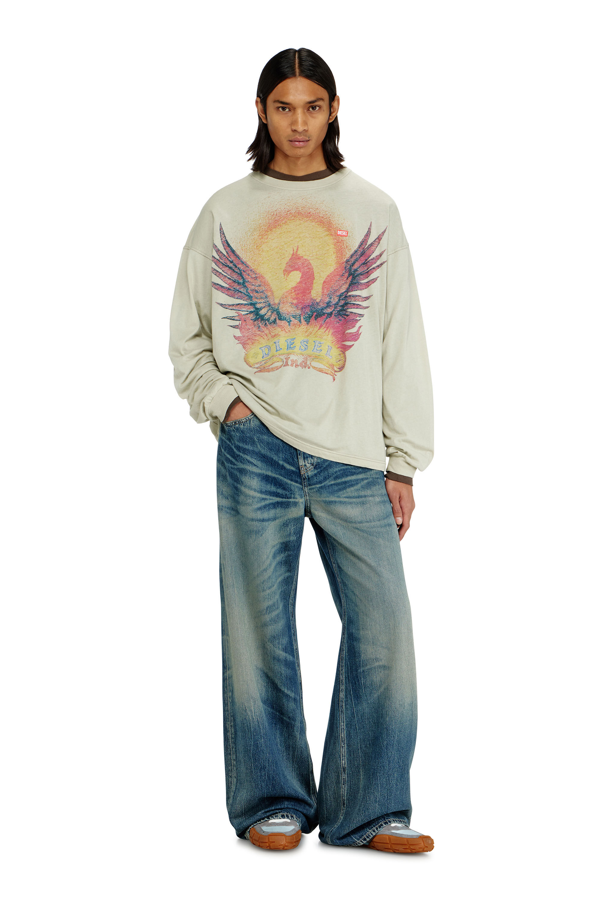 Diesel - T-BOXT-LS-AA1, Herren Langarm-T-Shirt mit Phoenix-Motiv in Beige - 1