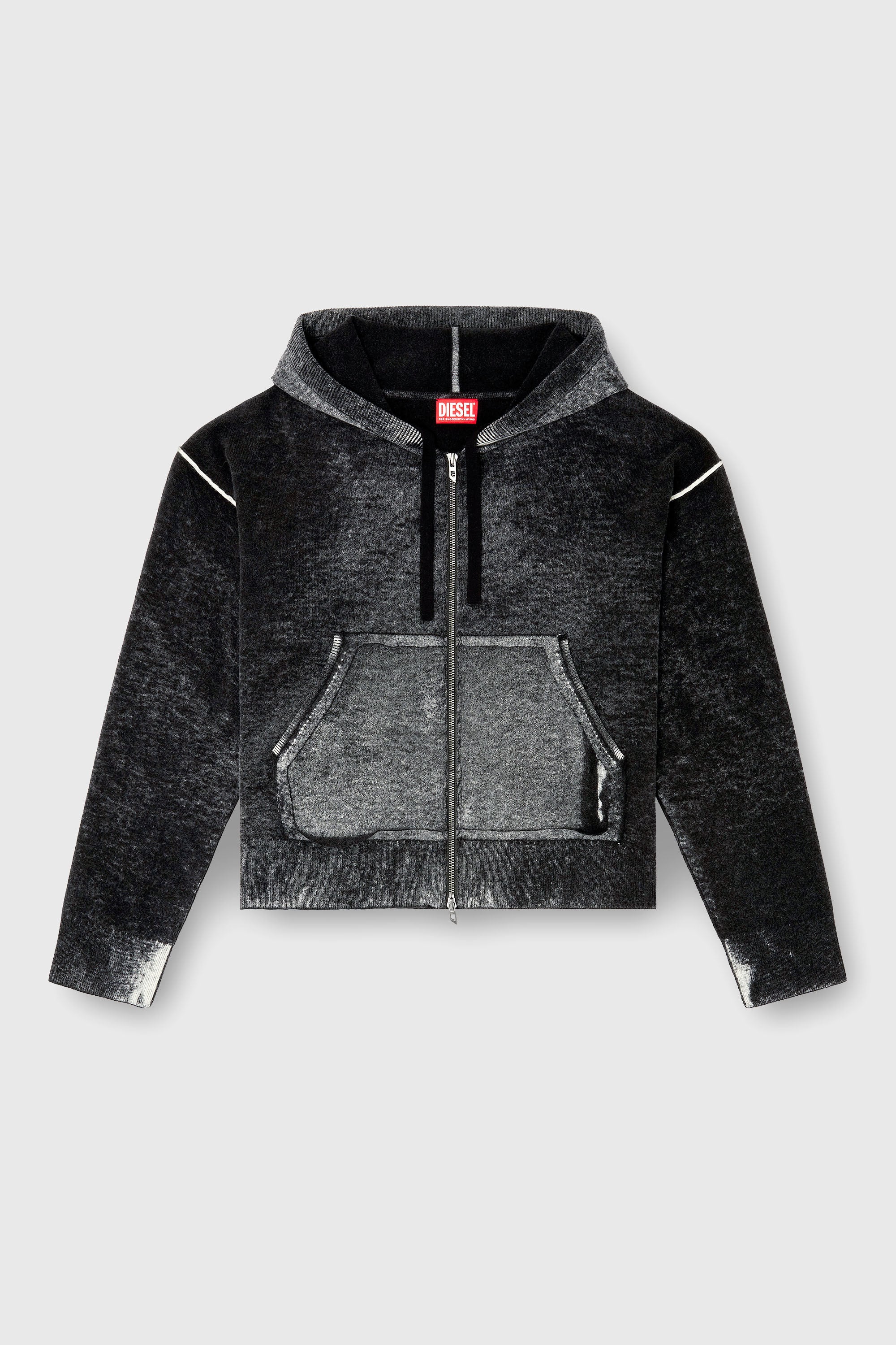 Diesel - M-HERMINE, Damen R&uuml;ckw&auml;rts bedruckte Kapuzenstrickjacke aus Wolle in Schwarz/Grau - 2