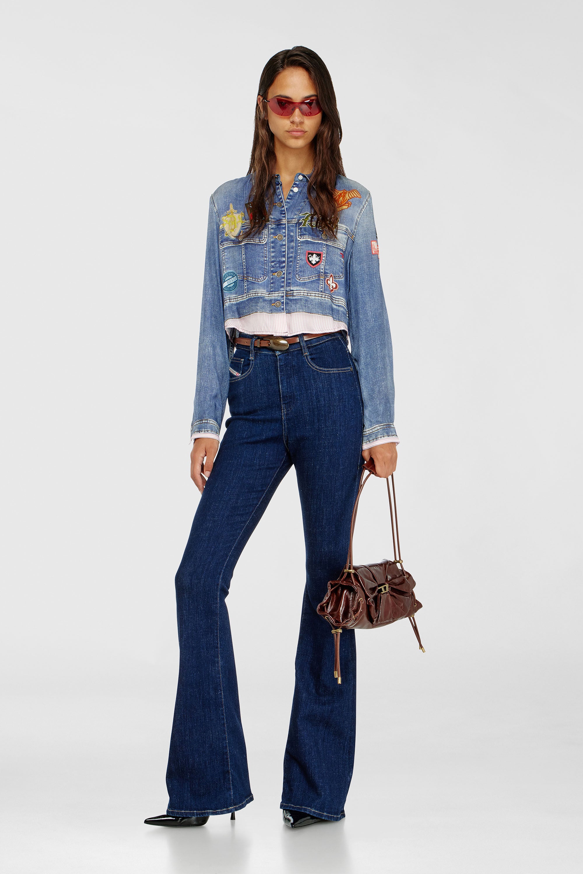 Diesel - C-LONE, Damen Cropped-Satinhemd mit trompe-l&rsquo;oeil-Denim-Print in Mittelblau - 1