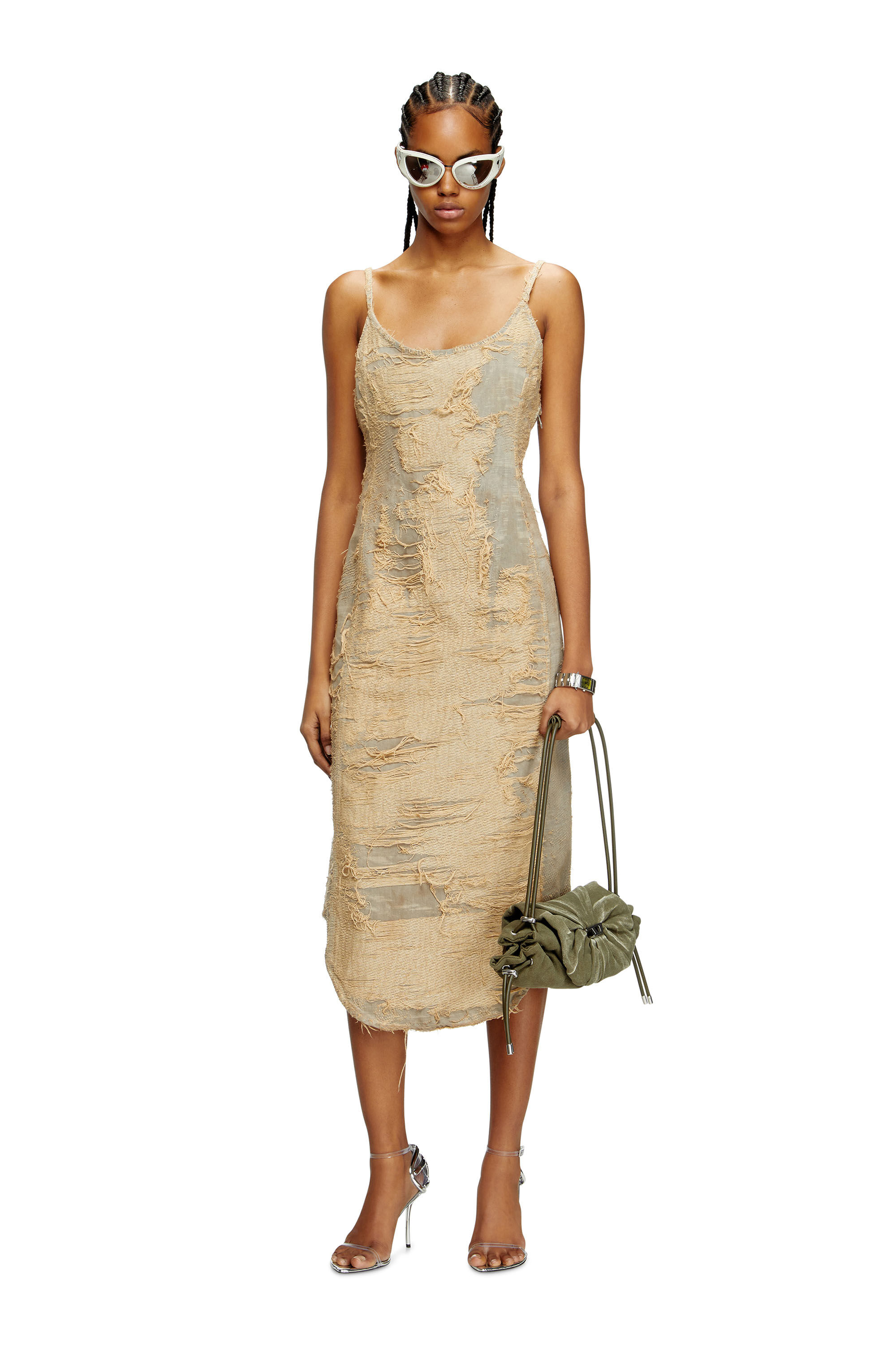 Diesel - DE-VERA-FSG, Damen Kleid aus überfärbtem Denim mit fließenden Fäden in Beige - 3