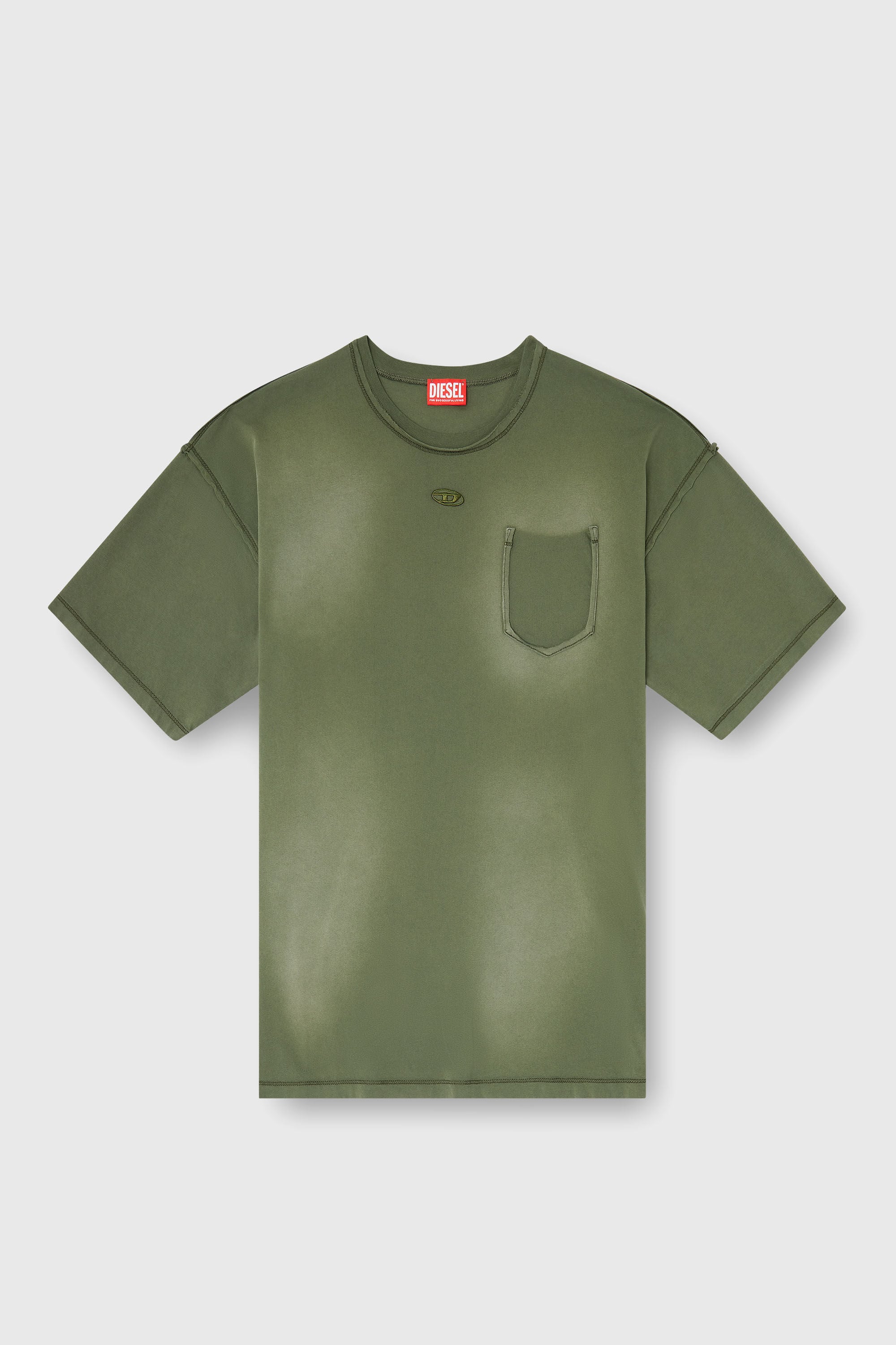 Diesel - T-POCK, Herren Verwaschenes T-Shirt mit zerrissener Brusttasche in Armeegr&uuml;n - 2