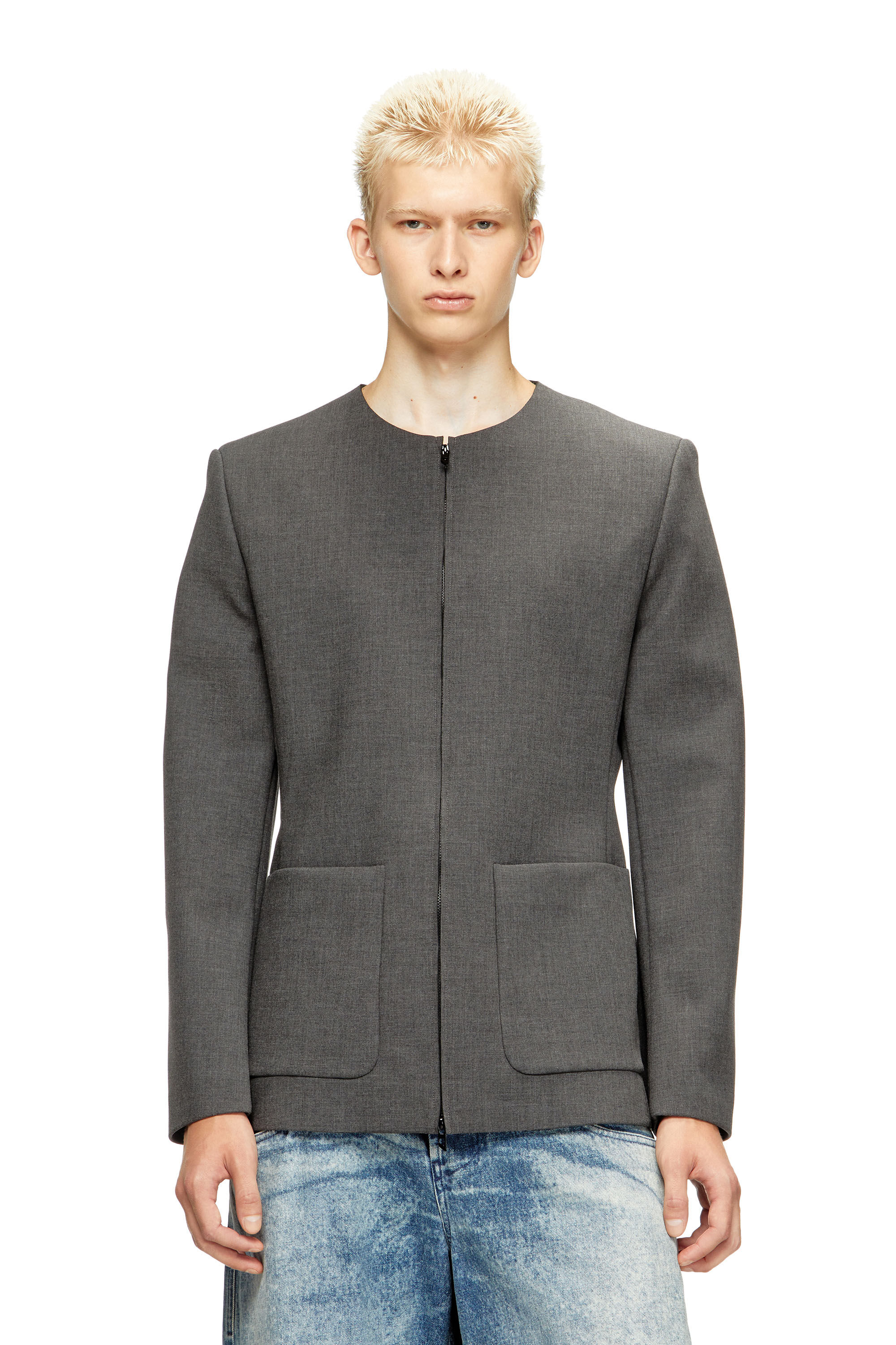 Diesel - J-CESAR-NEO, Herren Kragenlose Jacke aus neoprenbeschichtetem Stoff in Grau - 3