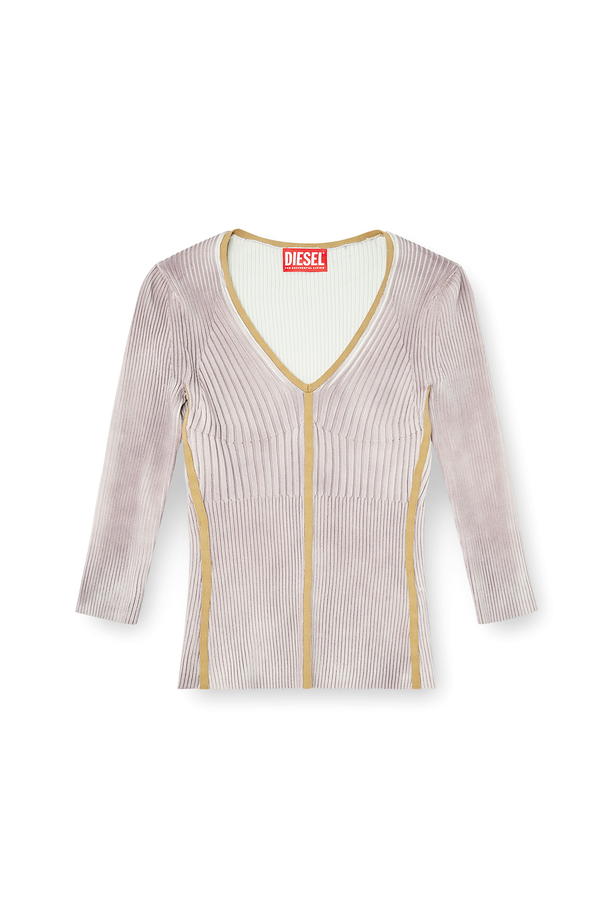 Diesel - M-SARMANI, Damen Gerippter V-Ausschnitt-Pullover mit kontrastierenden Streifen in Lila - 2