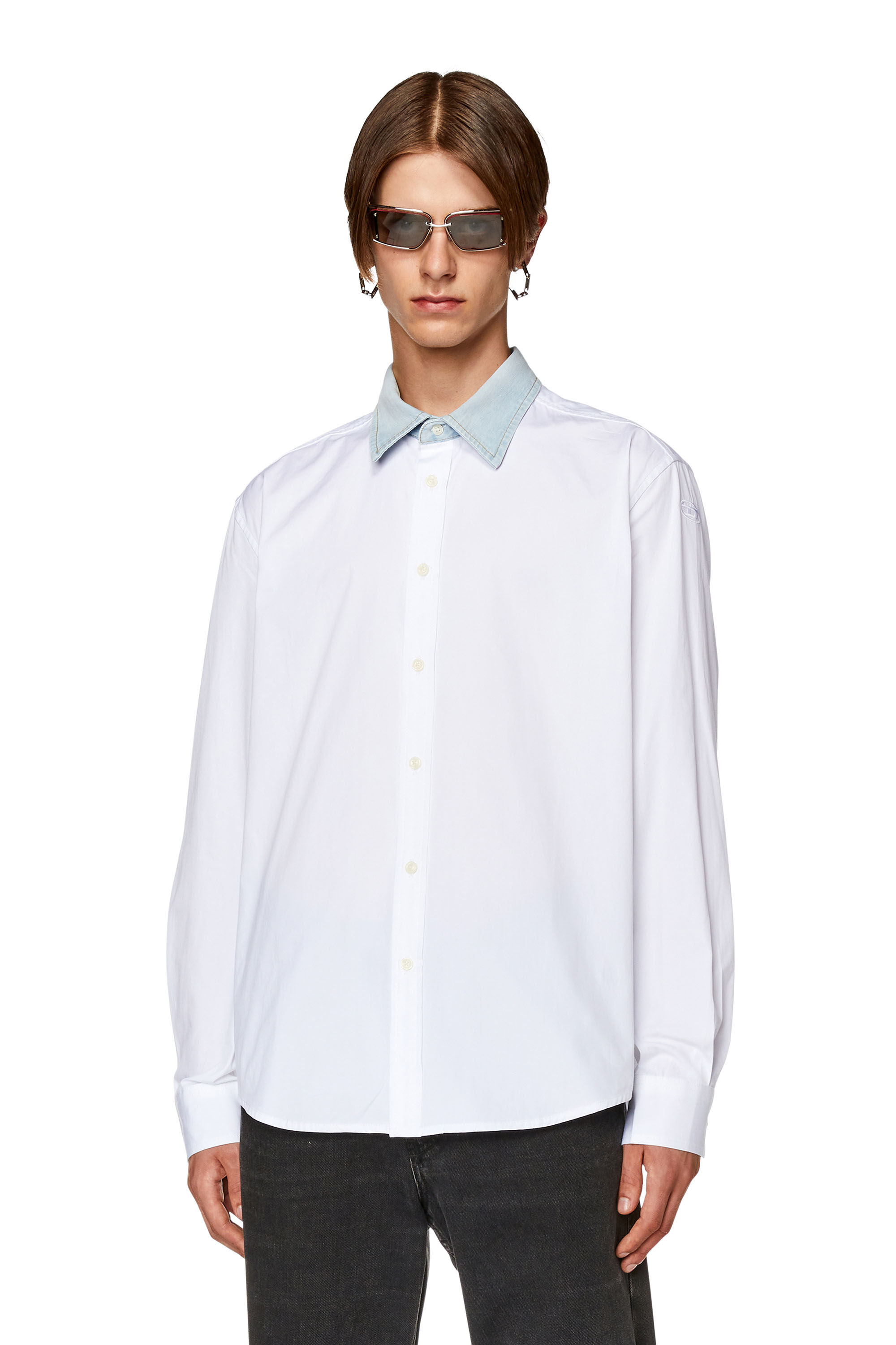 Diesel - S-HOLLS, Man Cotton shirt with denim collar in White - Image 3