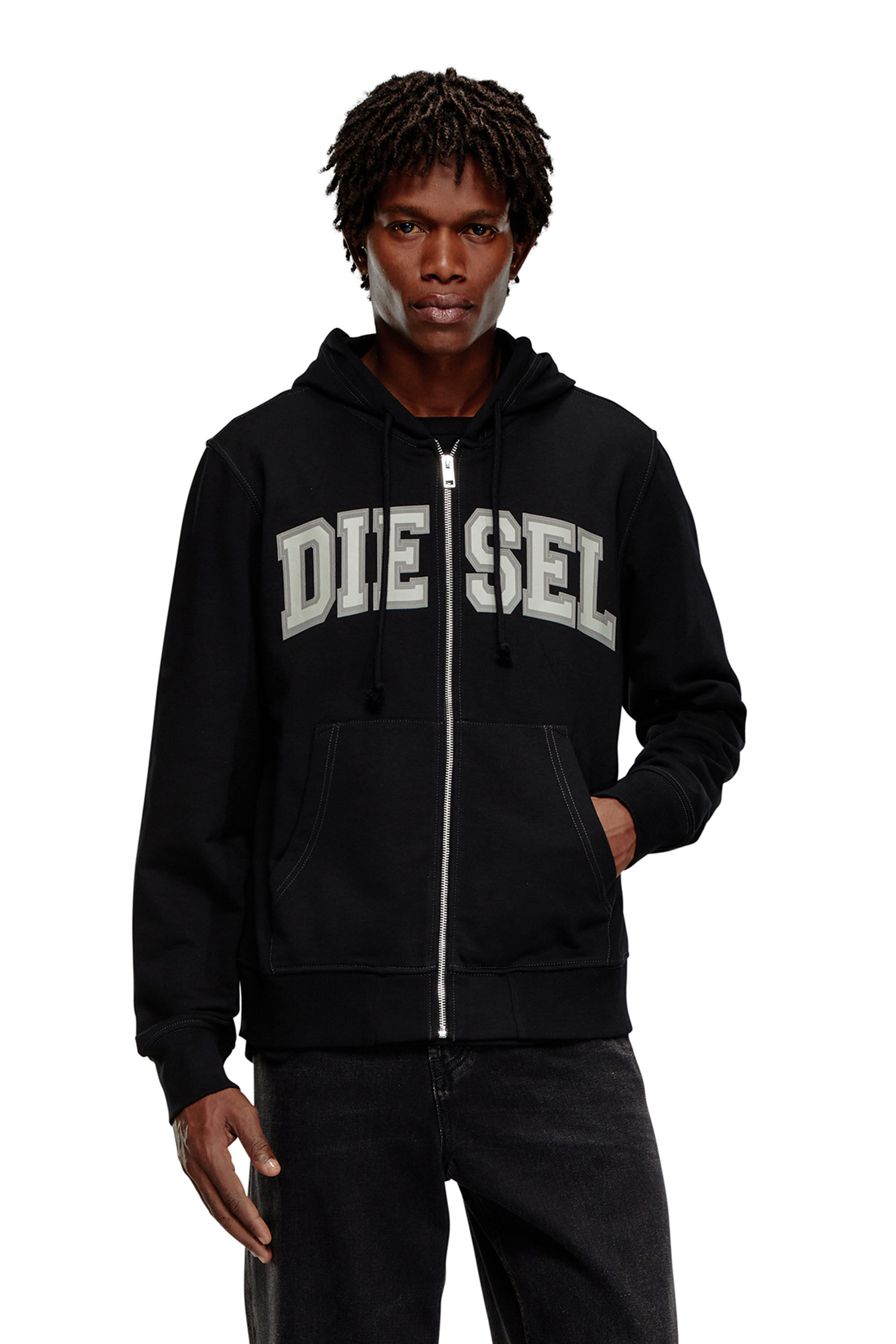 Diesel - S-GINN-HOOD-ZIP-K12, Herren Hoodie mit College-Grafik und Reißverschluss in Schwarz - 3