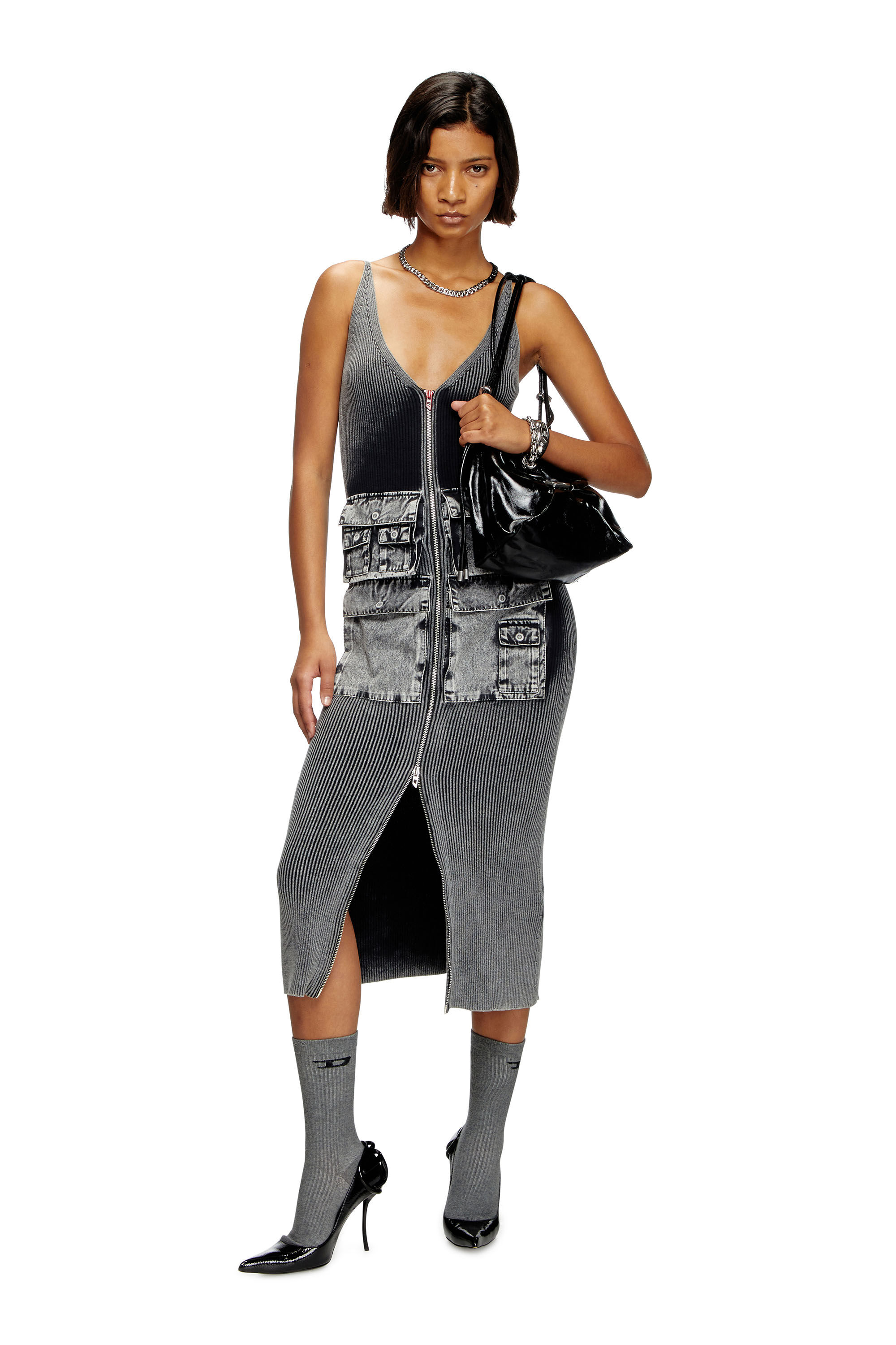 Diesel - M-MELTI, Damen Midikleid aus Strick mit Cargotaschen aus Denim in Dunkelgrau - 1