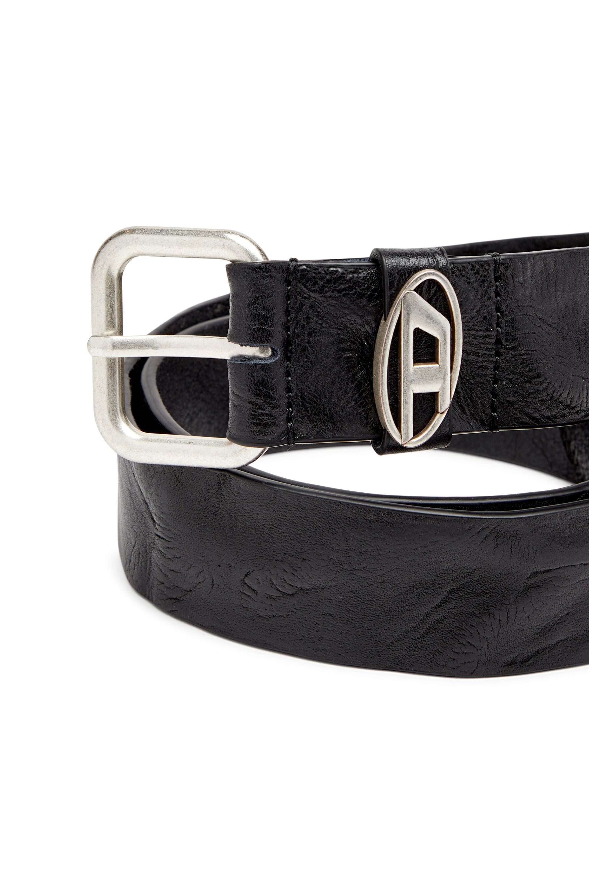 Diesel - B-1DR OVAL D LOOP, Unisex Gürtel aus Knitter-Leder mit Logo-Plakette in Schwarz - 3