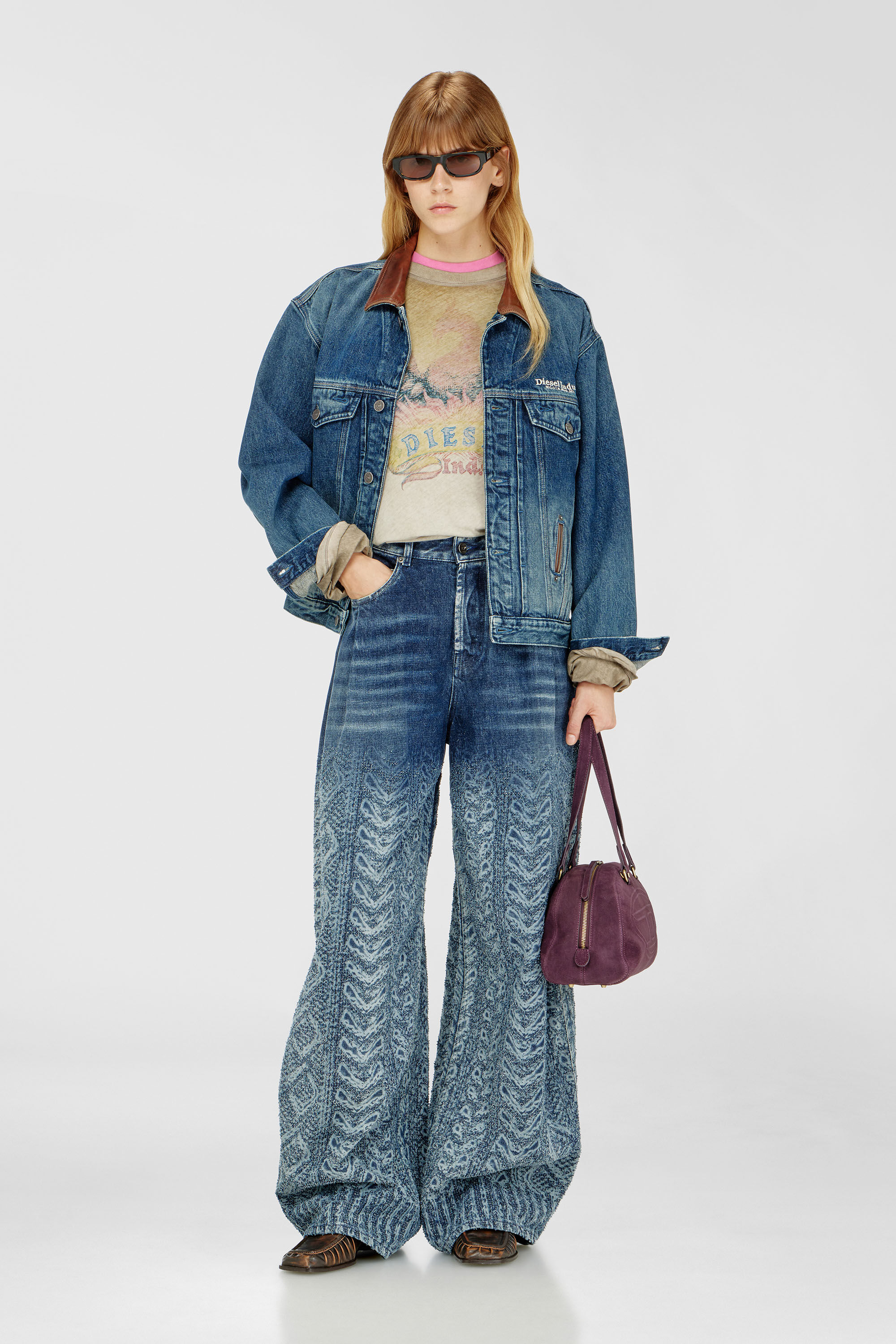 Diesel - D-DENVER-S1, Unisex Jeans-Truckerjacke mit kontrastierenden Lederbes&auml;tzen in Blau - 7