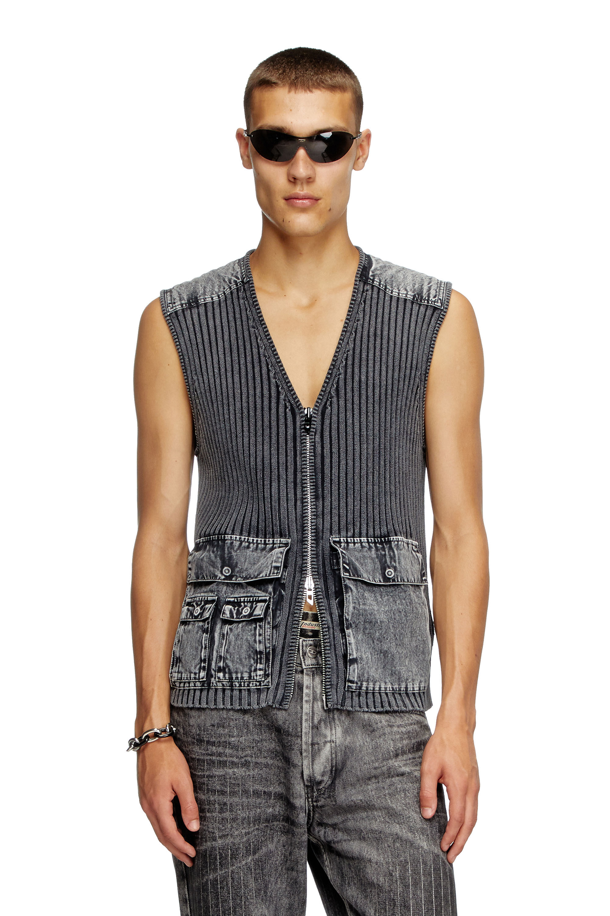 Diesel - K-MARGIE, Herren Utility-Weste aus Rippstrick und Denim in Dunkelgrau - 3