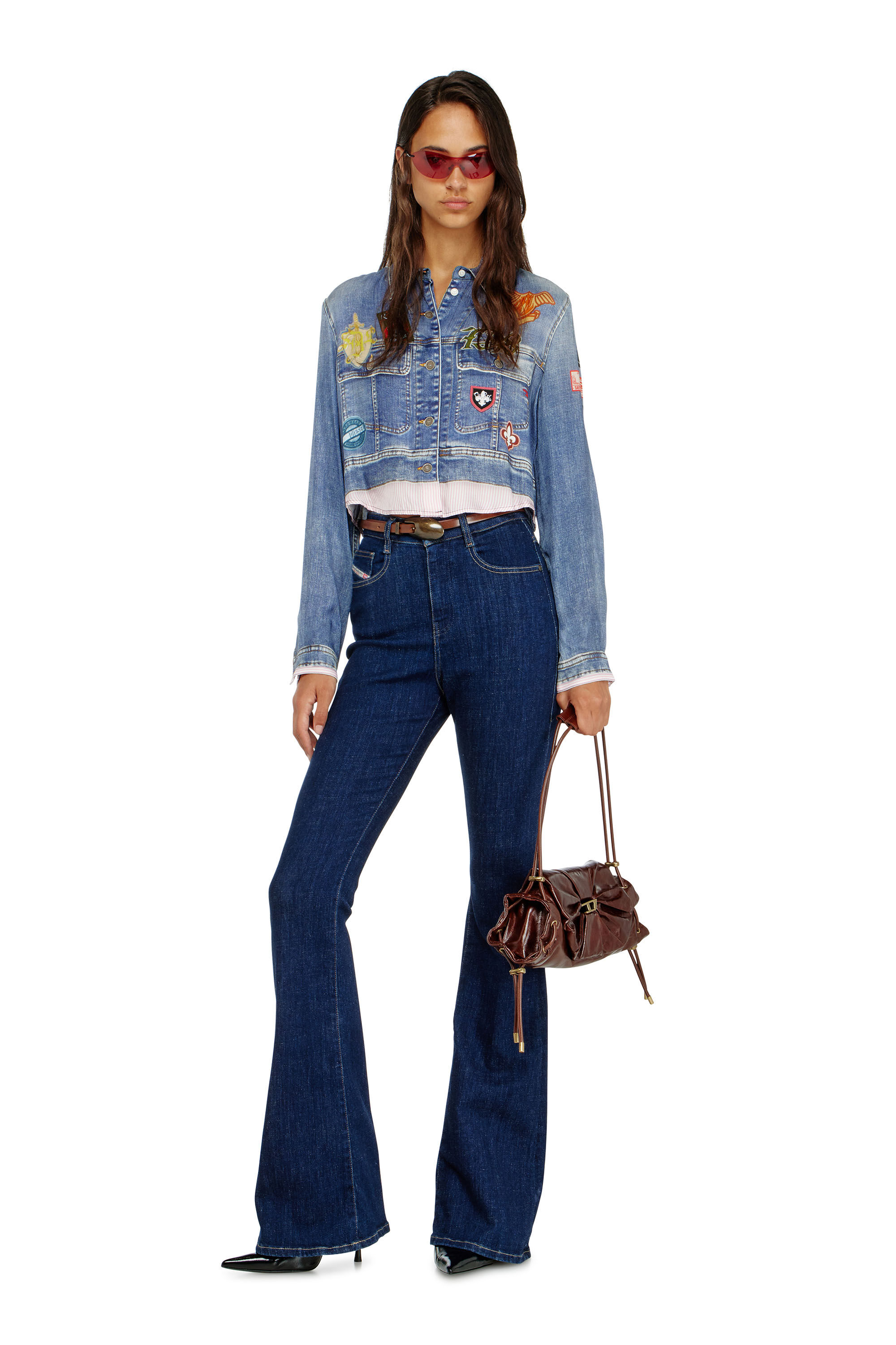 Diesel - C-LONE, Damen Cropped-Satinhemd mit trompe-l&rsquo;oeil-Denim-Print in null - 1