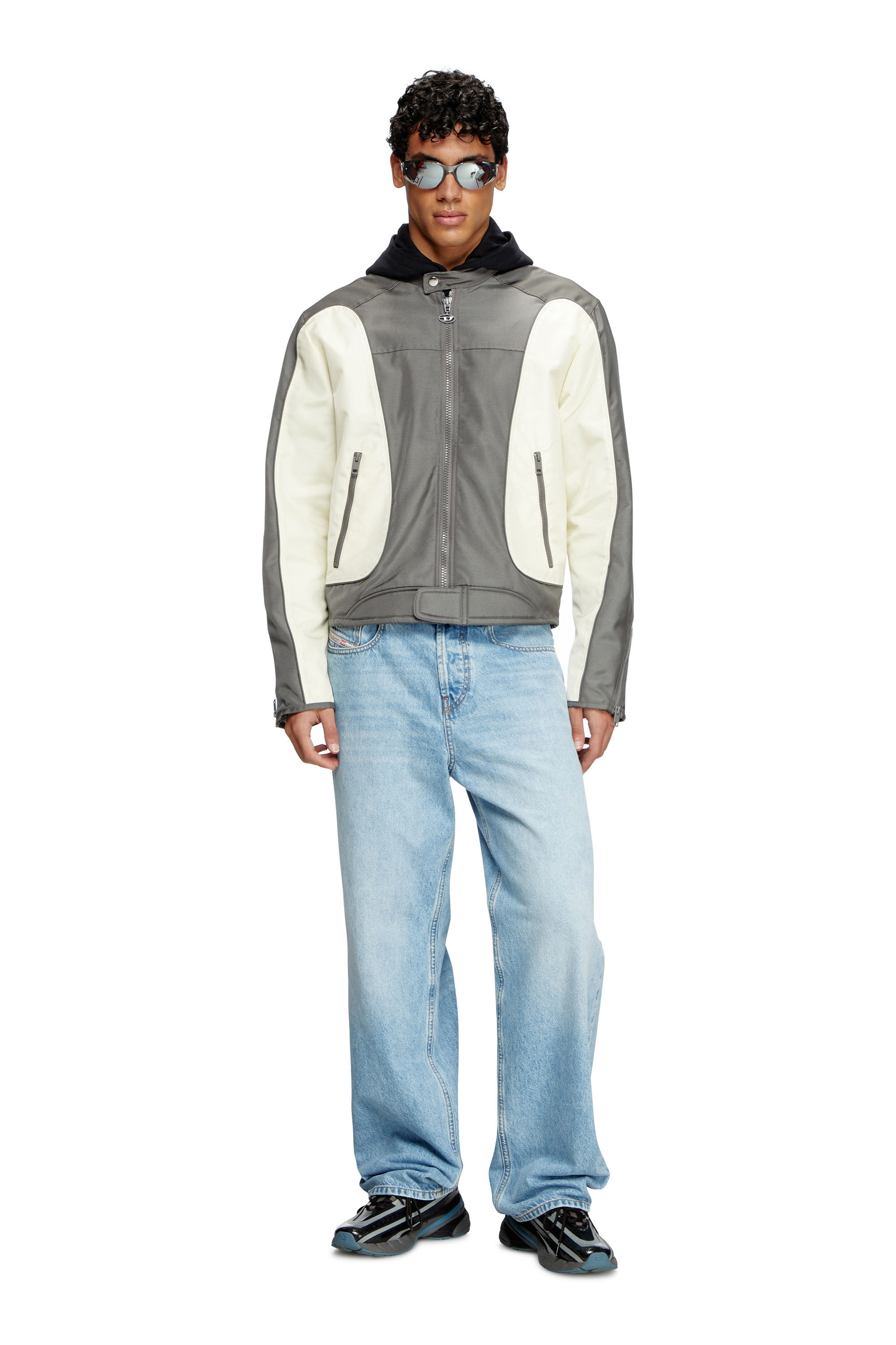 Diesel - J-BLINK-A, Herren Colour-Block-Biker-Jacke mit Paspelierung in Grau/Weiss - 1