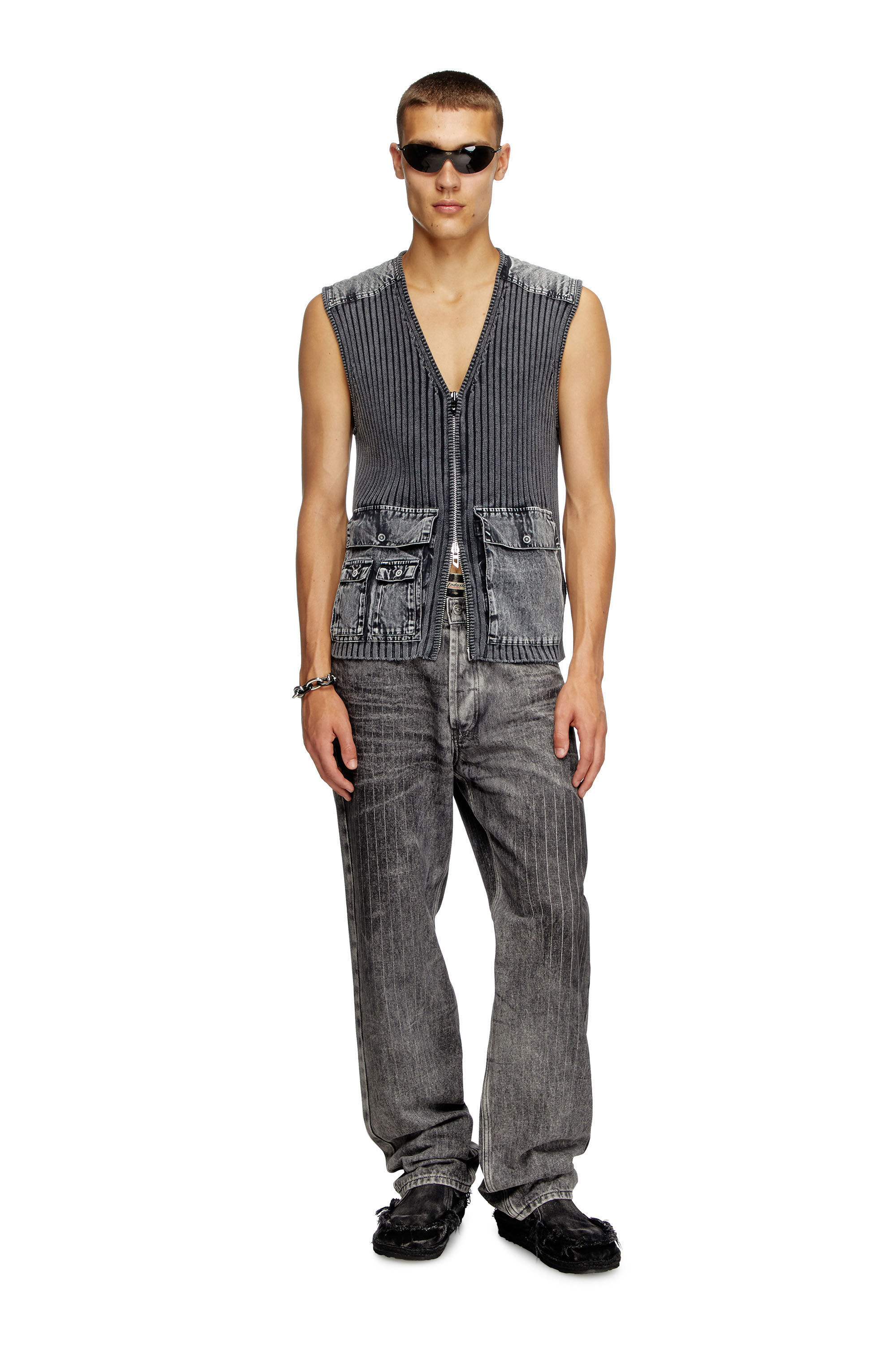 Diesel - K-MARGIE, Herren Utility-Weste aus Rippstrick und Denim in Dunkelgrau - 1