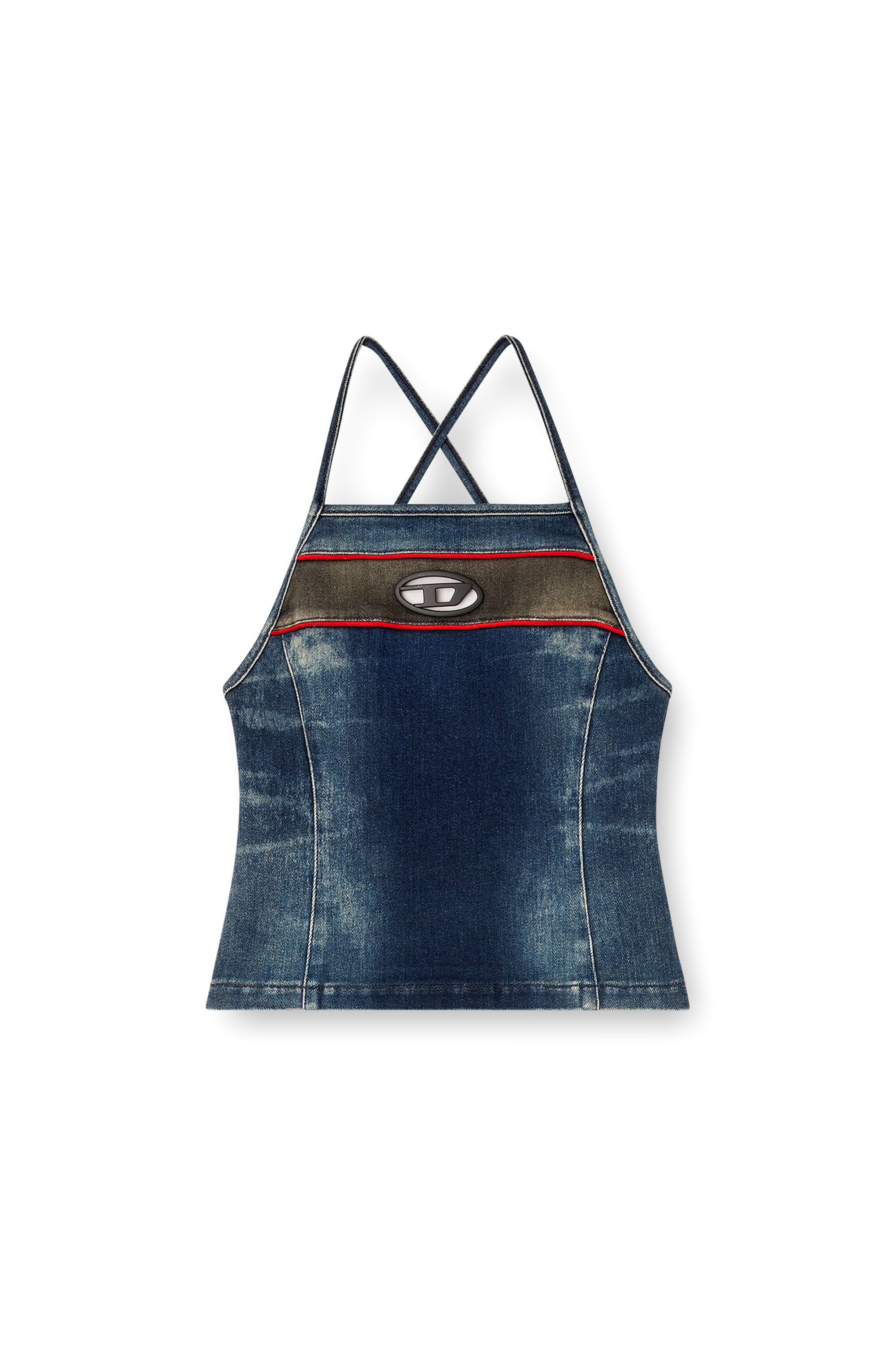 Diesel - DE-PILU-S, Damen Top aus zweifarbigem Stretch-Denim in Dunkelblau - 2