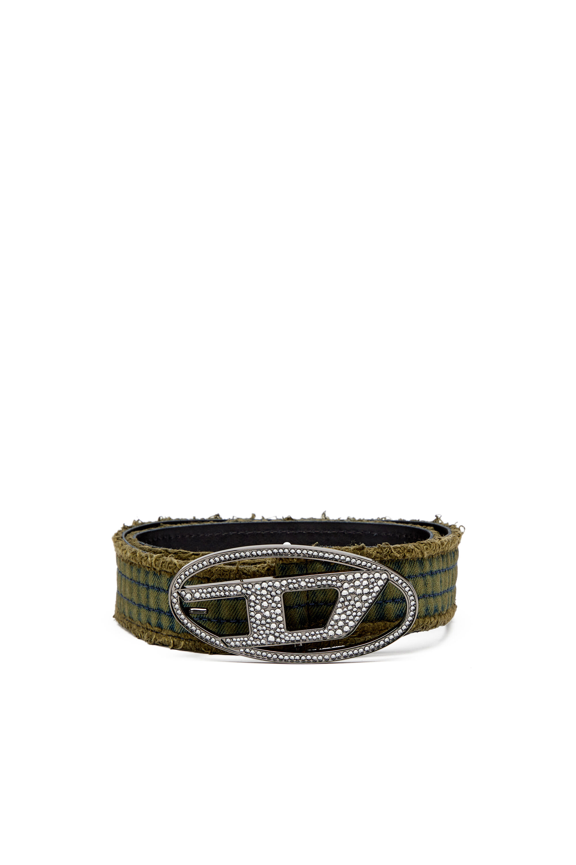 Diesel - B-1DR STRASS, Damen Gürtel aus Denim und Leder mit Kristallschnalle in Armeegrün - 1