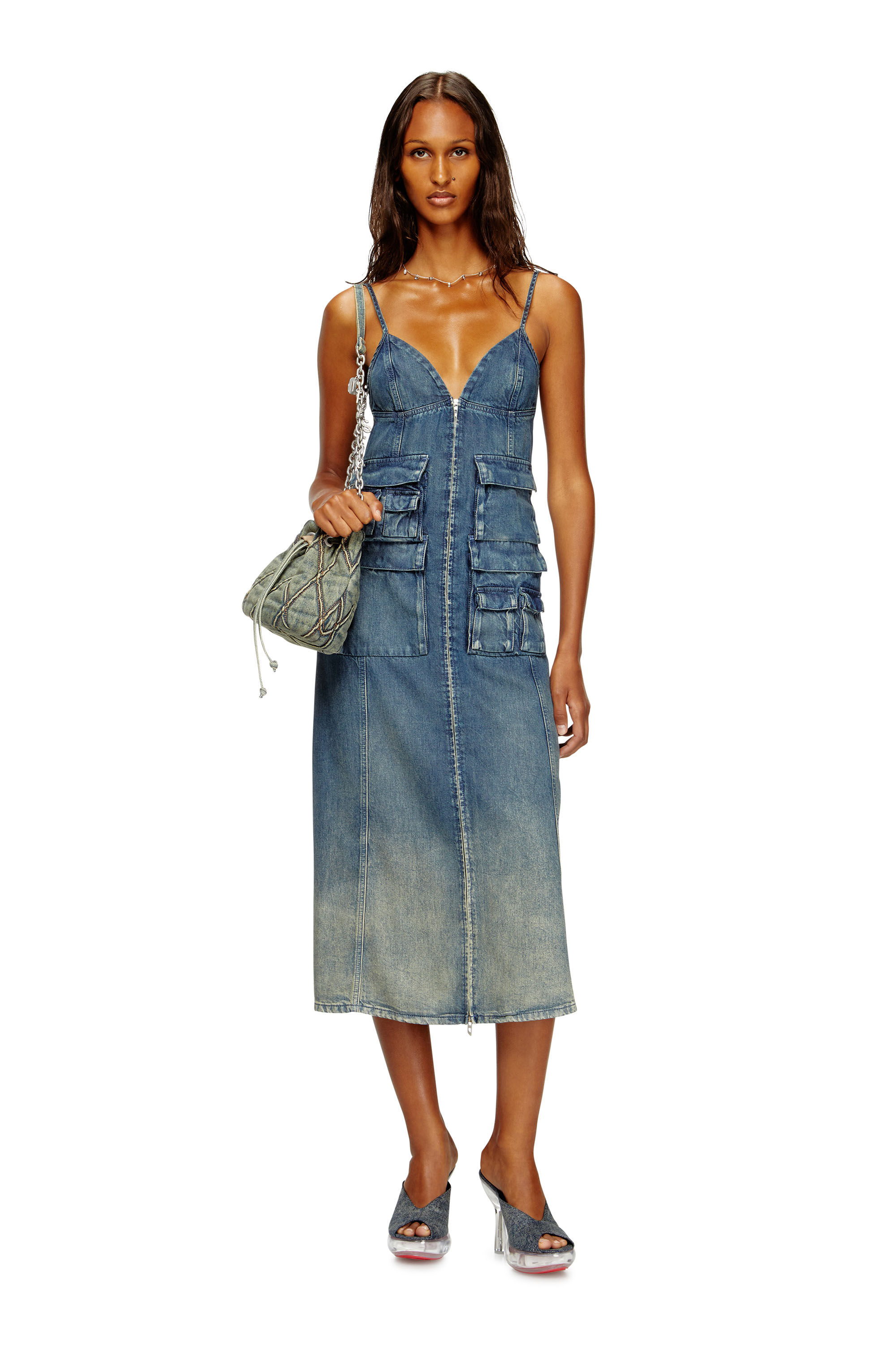 Diesel - DE-MELVI-S, Damen Kleid aus fließendem Denim mit vielgetragenem Laser-Effekt in Mittelblau - 1