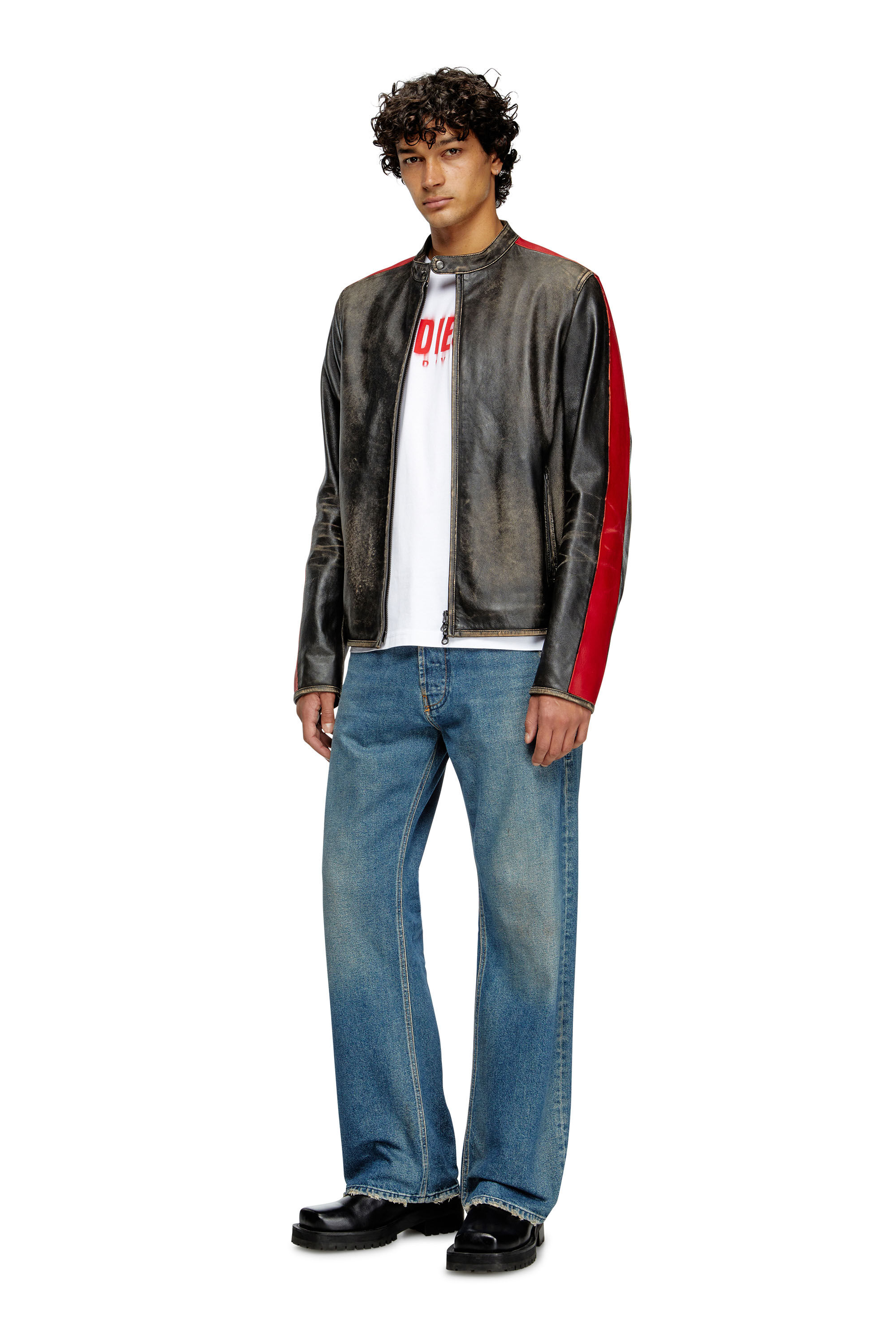 Diesel - L-RENN, Herren Jacke aus Leder mit kontrastfarbenen Streifen in Schwarz/Rot - 1