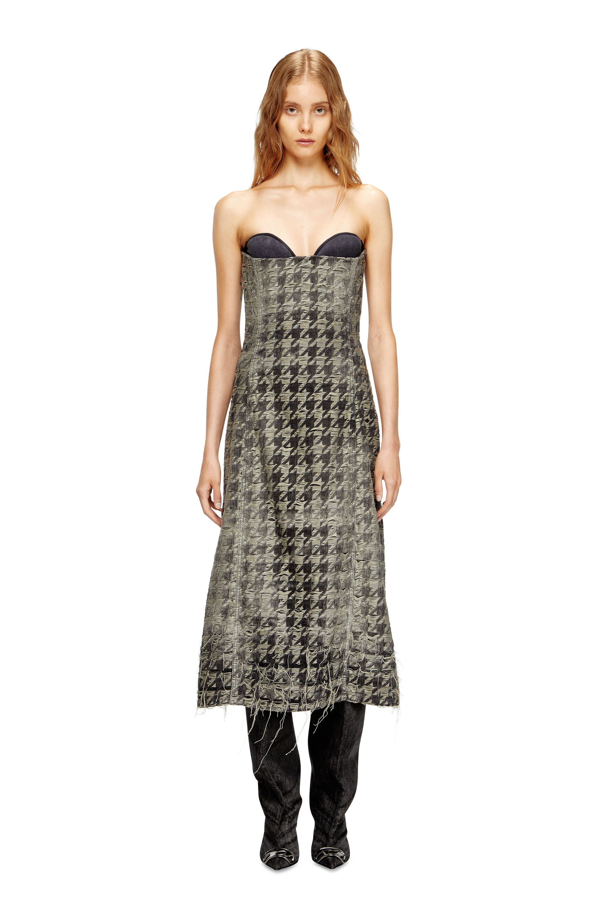 Diesel - DE-OLIVIA-FSH, Damen Midi-Kleid aus Jeansgewebe mit Hahnentritt-Muster in Schwarz/Weiss - 3
