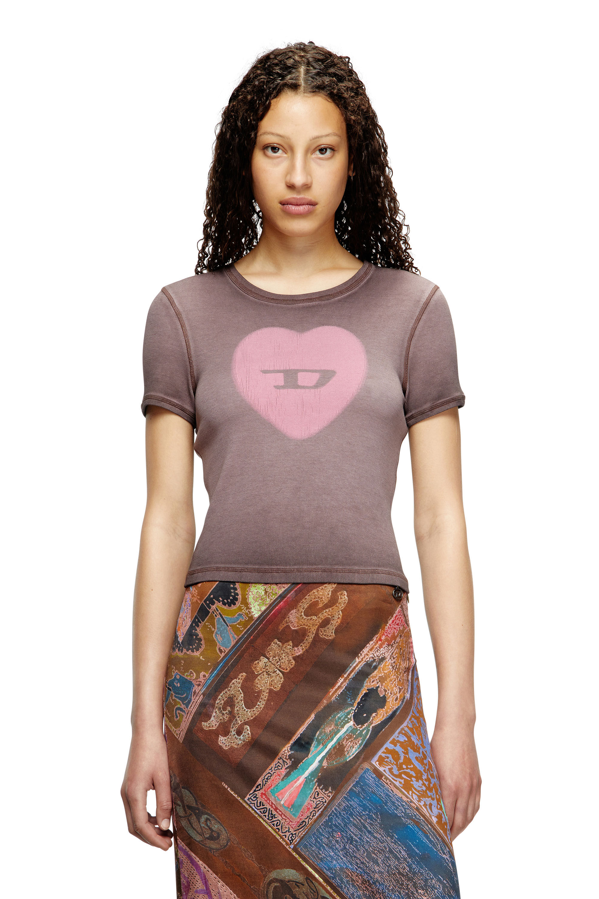 Diesel - T-ELE, Damen Geripptes T-Shirt mit Herz D-Wasserfarbe-Effekt in Violett - 3