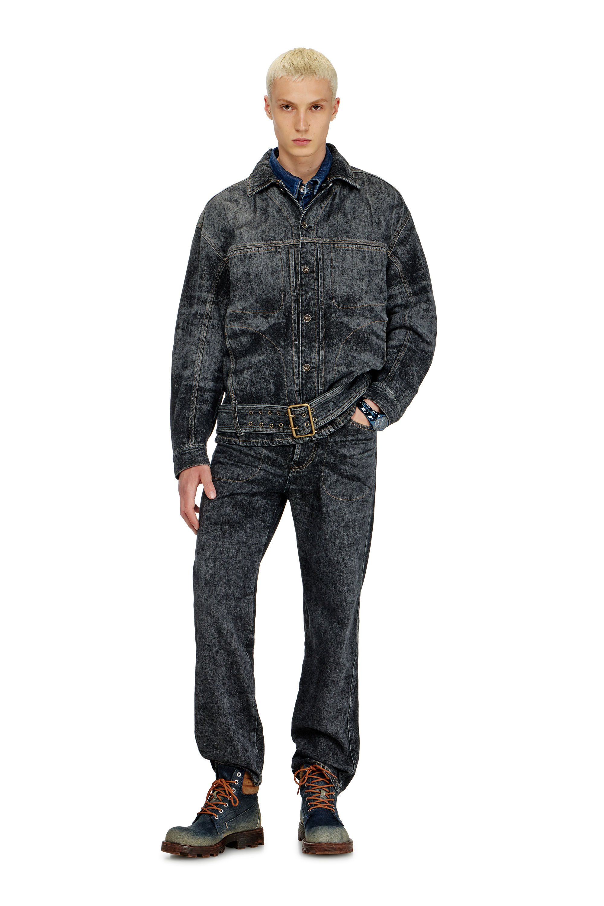 Diesel - D-VALERO-S, Herren Biker-inspirierte Jeansjacke in Schwarz/Dunkelgrau - 1