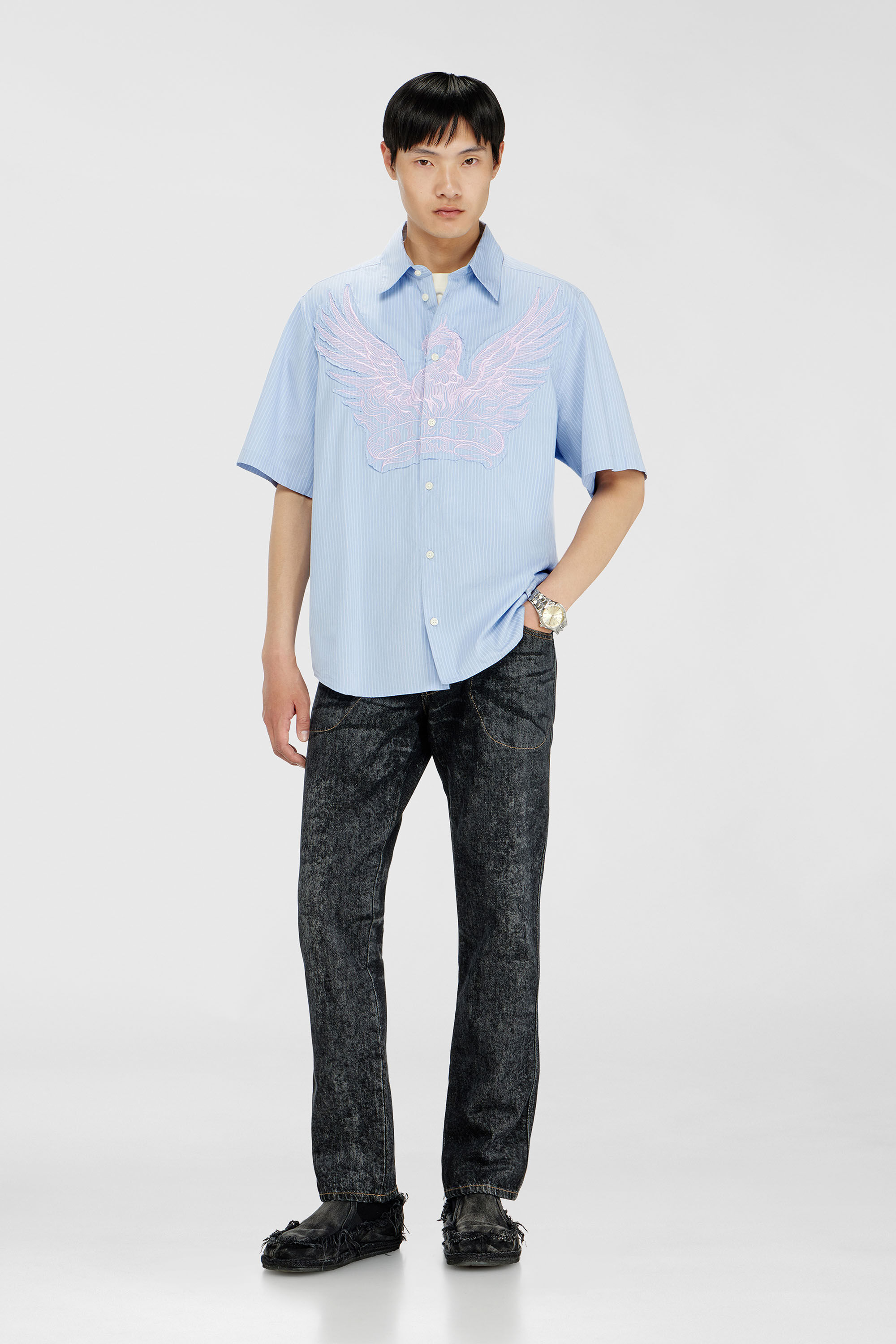 Diesel - S-SIMPLY-SS-AGCZ, Herren Gestreiftes Popeline-Hemd mit Stickpatch in Hellblau - 1