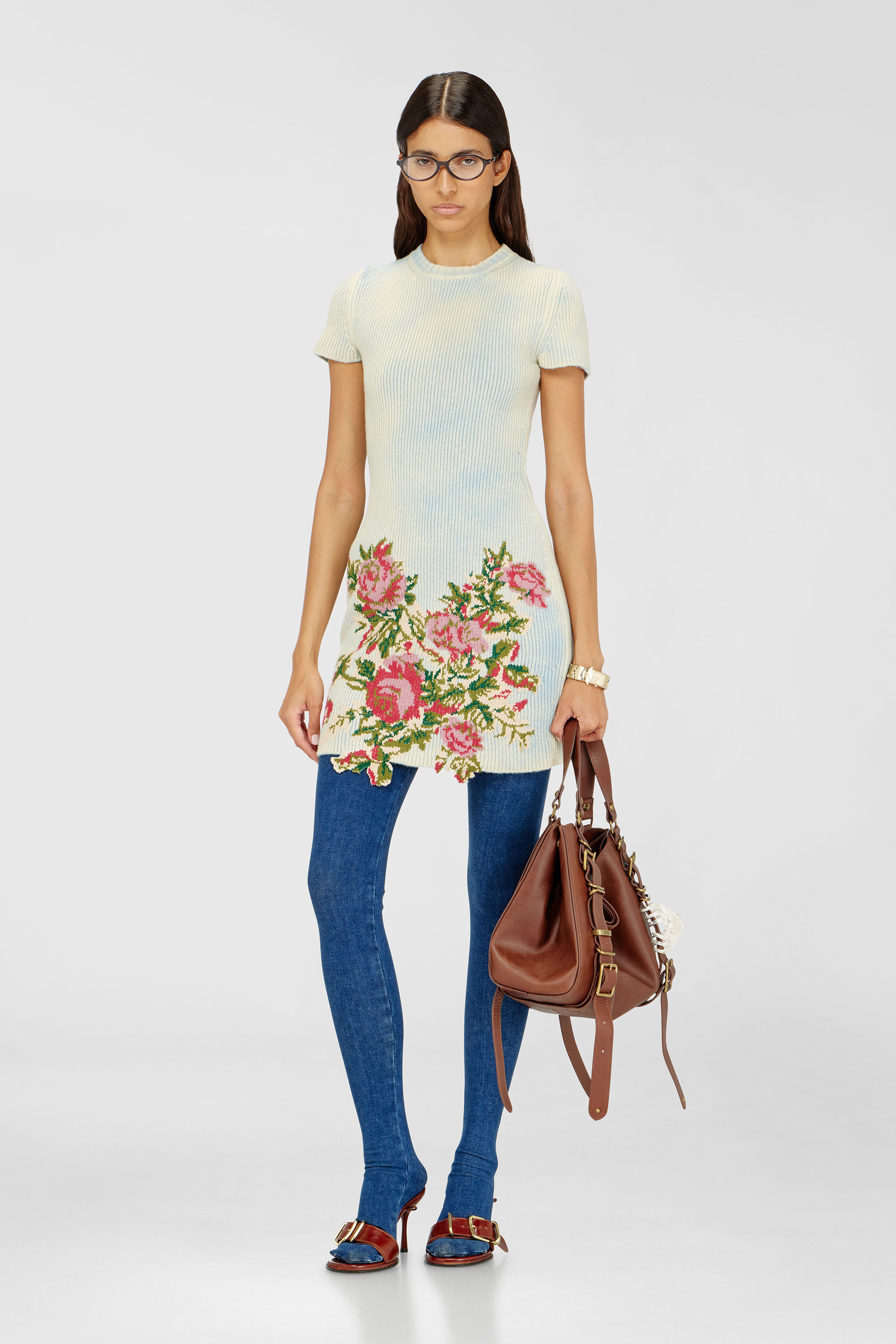 Diesel - M-RINNIE, Damen Kurzes Kleid aus Wollmischung mit Blumenmuster in Rosa/Blau - 1