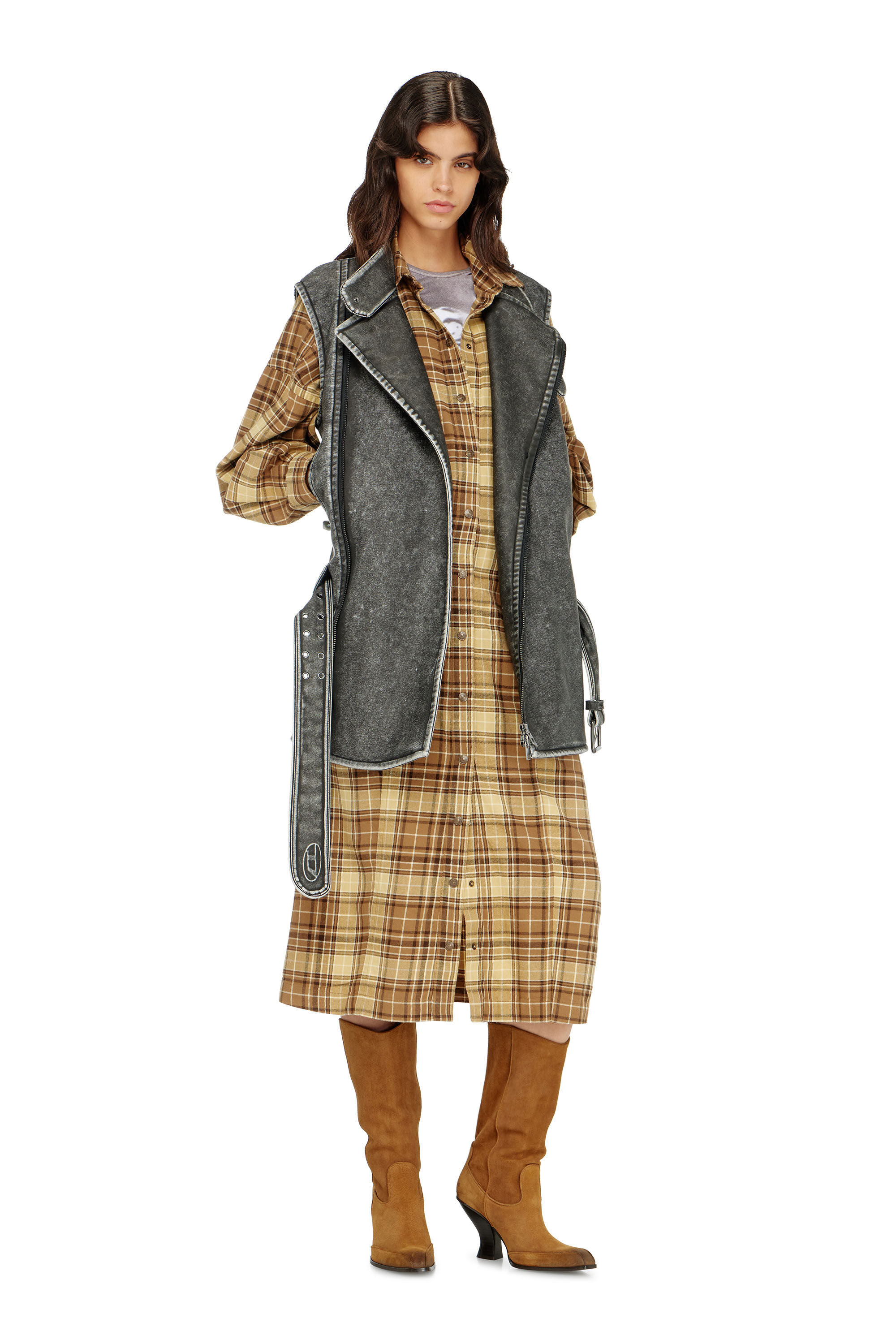 Diesel - D-EDALUS, Damen Midikleid aus kariertem Flanell mit breitem G&uuml;rtel in Braun/Gelb - 1