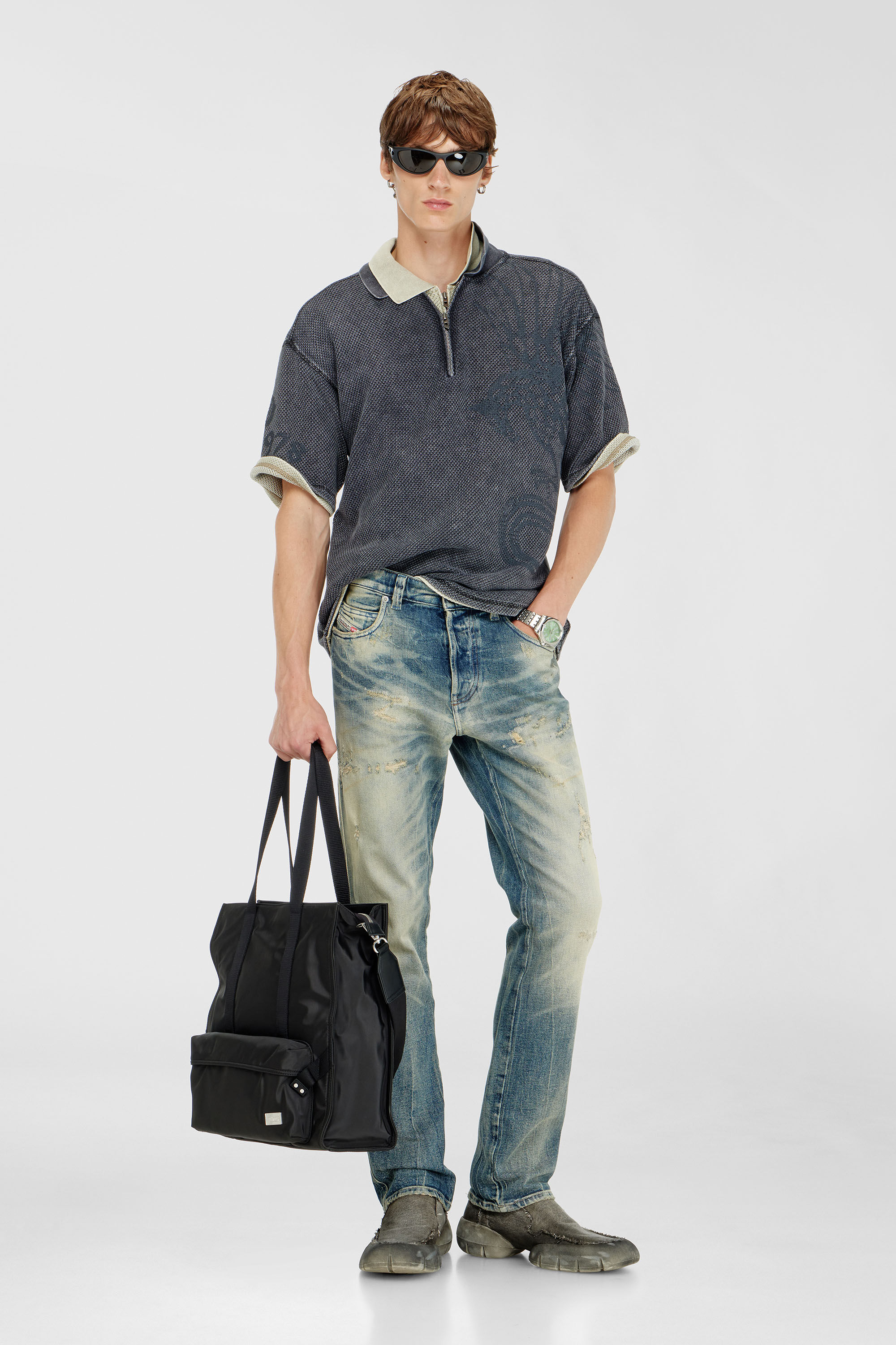 Diesel - T-ERRY-ZIP, Herren Mesh-Jacquard-Poloshirt mit Phoenix-Print in Dunkelgrau - 1