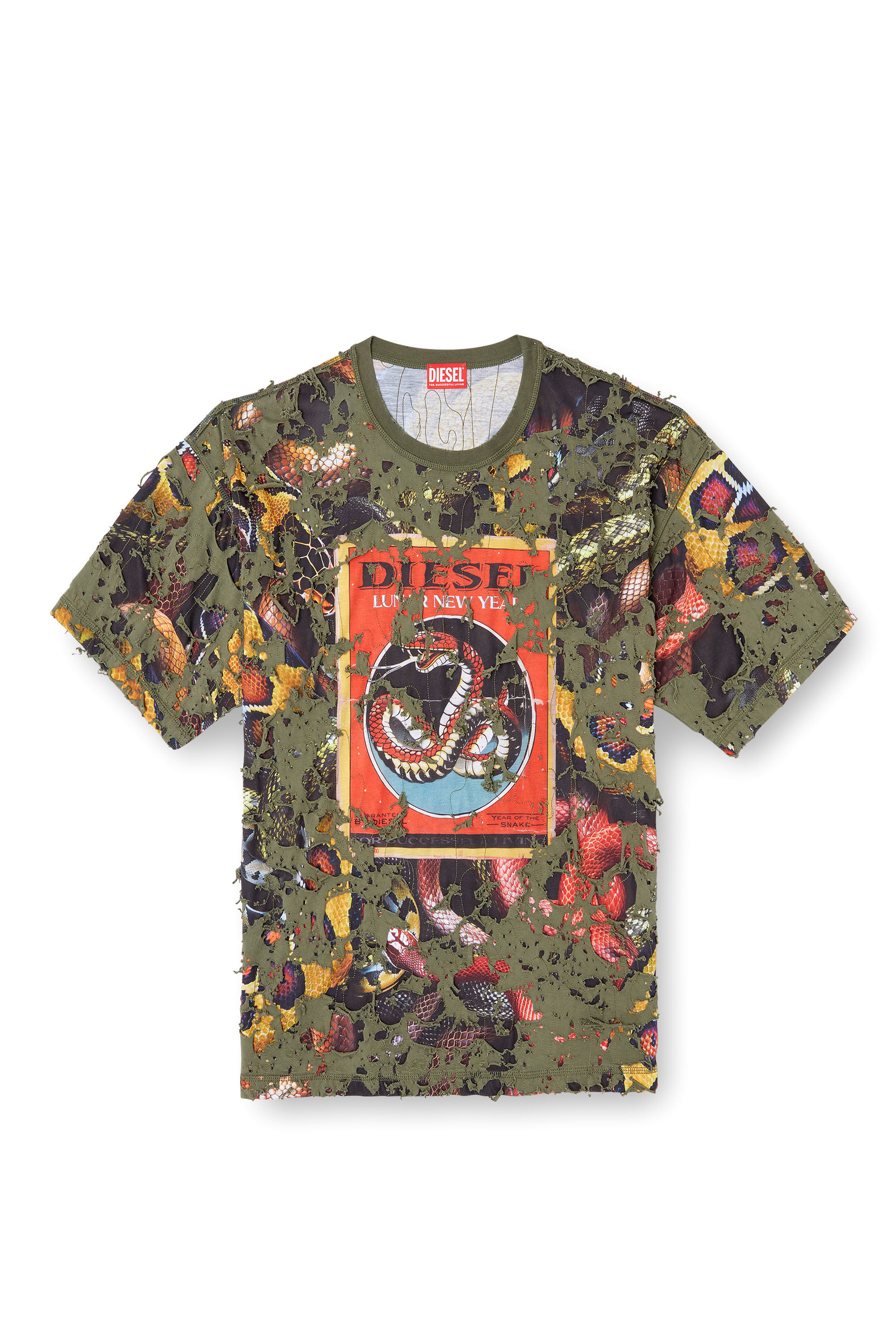 Diesel - CL-T-BOXT-DEVOR-SNAKE, Unisex T-Shirt mit Schlangen-Print und Destroyed-Overlay in Olivgrün - 2