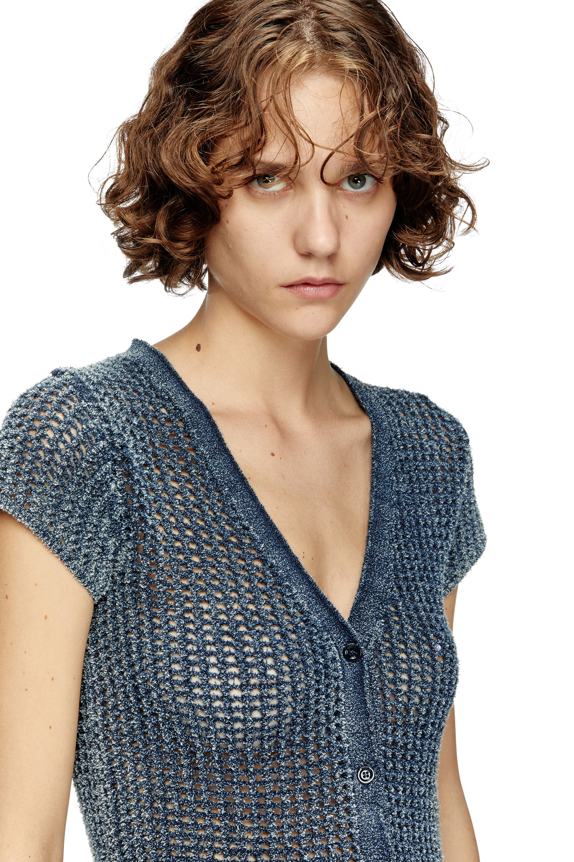 Diesel - M-REZ, Damen Kurzarm-Cardigan aus Denim-Mesh-Strick in Mittelblau - 5