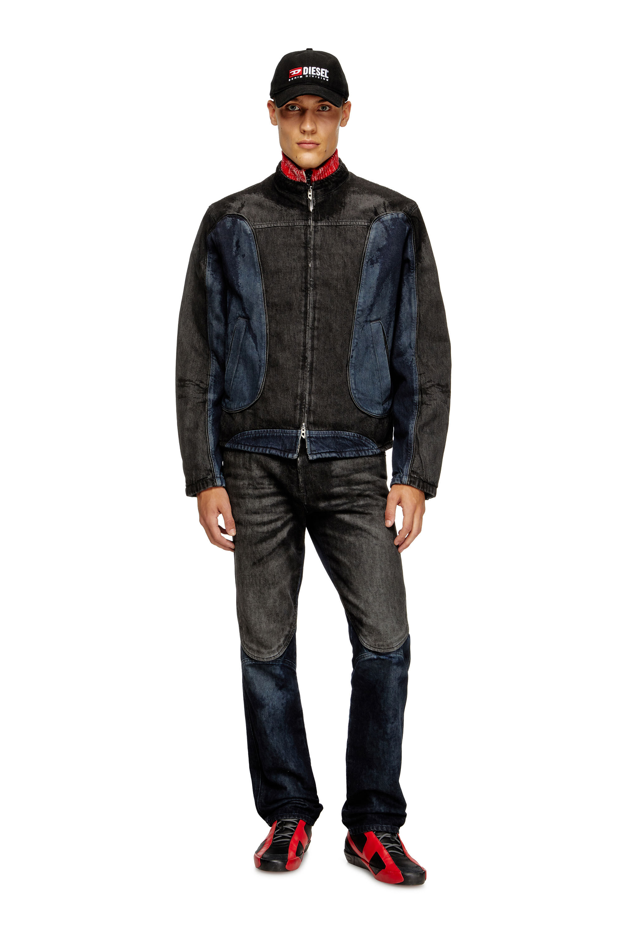 Diesel - D-BLENK-S, Herren Bikerjacke aus zweifarbigem Denim in Schwarz/Blau - 1