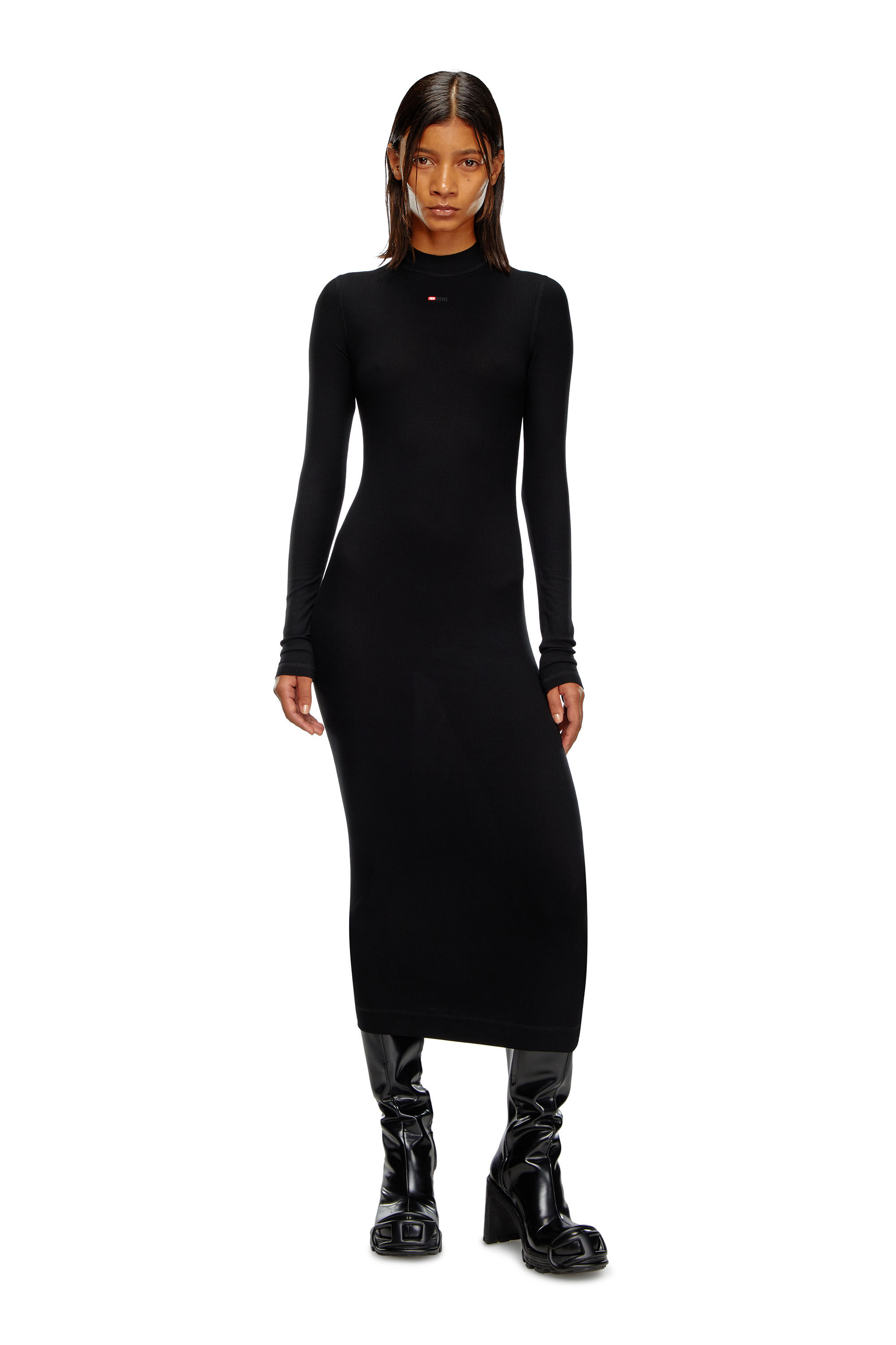 Diesel - D-MOKKY-LS-MICRODIV, Damen Midi-Kleid mit Stehkragen in Schwarz - 1