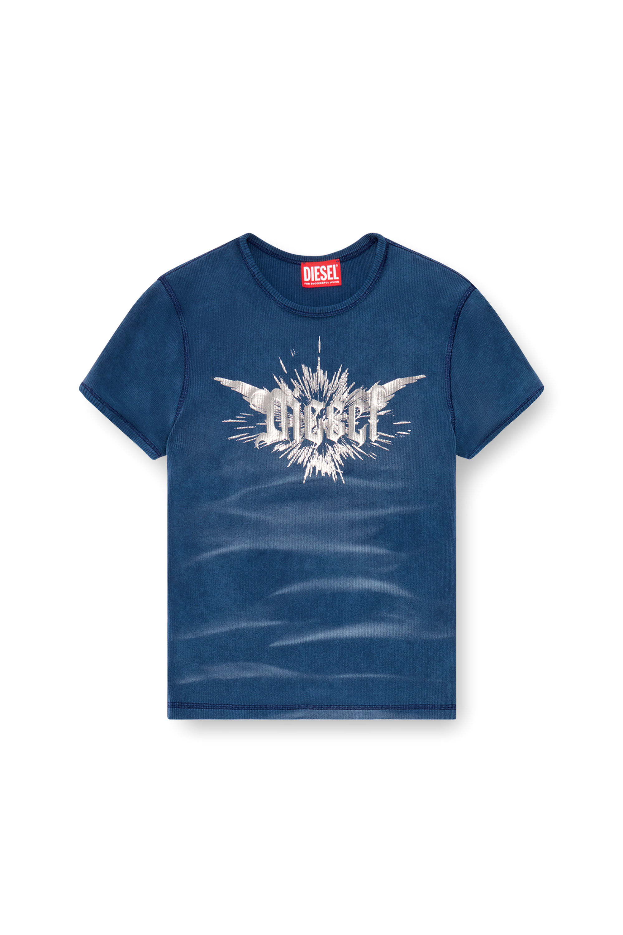 Diesel - T-ELE-LONG-P2, Damen T-Shirt mit flügelförmigem Diesel-Folien-Print in Blau - 2