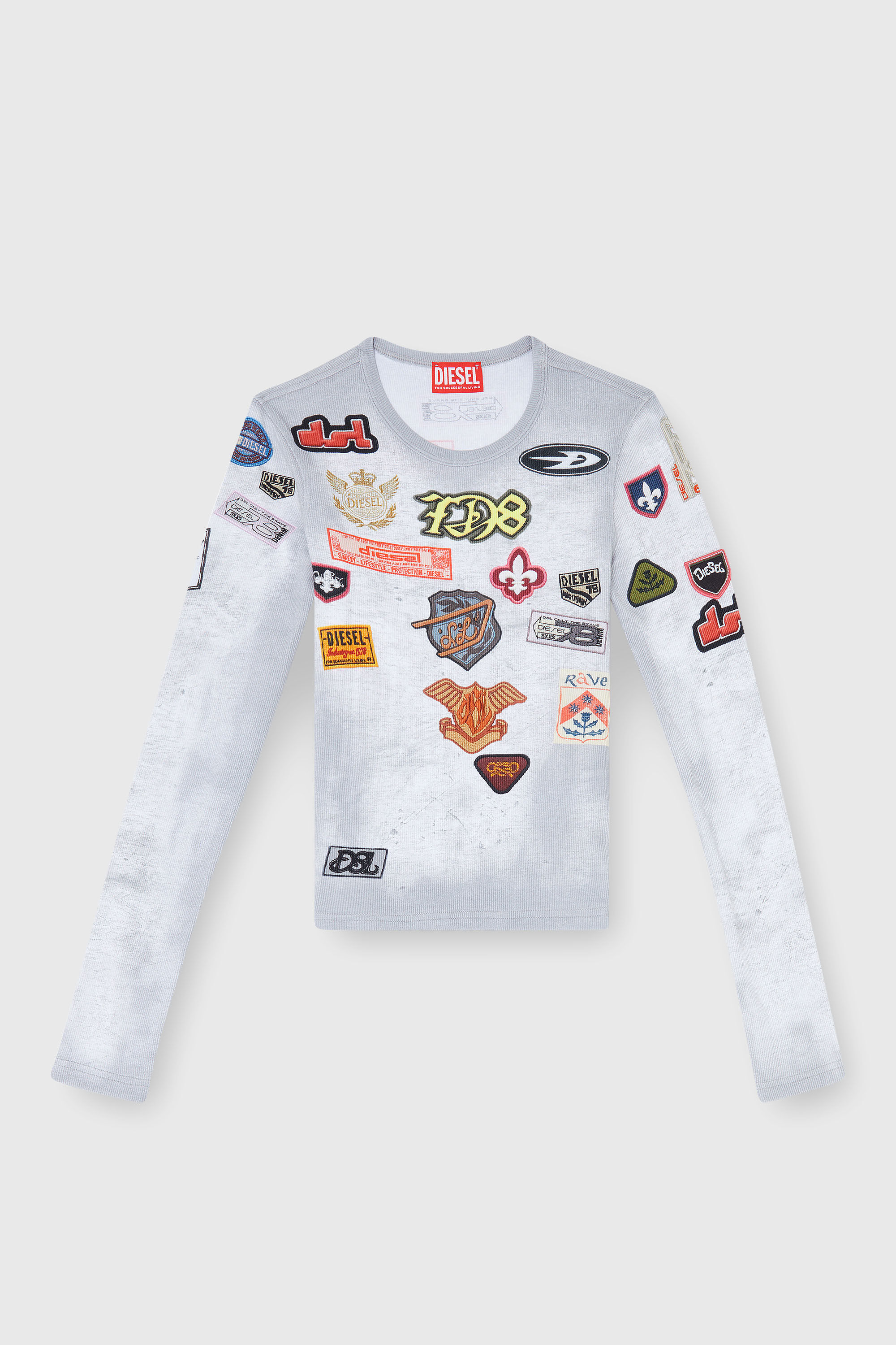 Diesel - T-ELE-LONGSLEEVE, Damen Top aus Rippjersey mit all-over Patch-Print in Wei&szlig; - 2