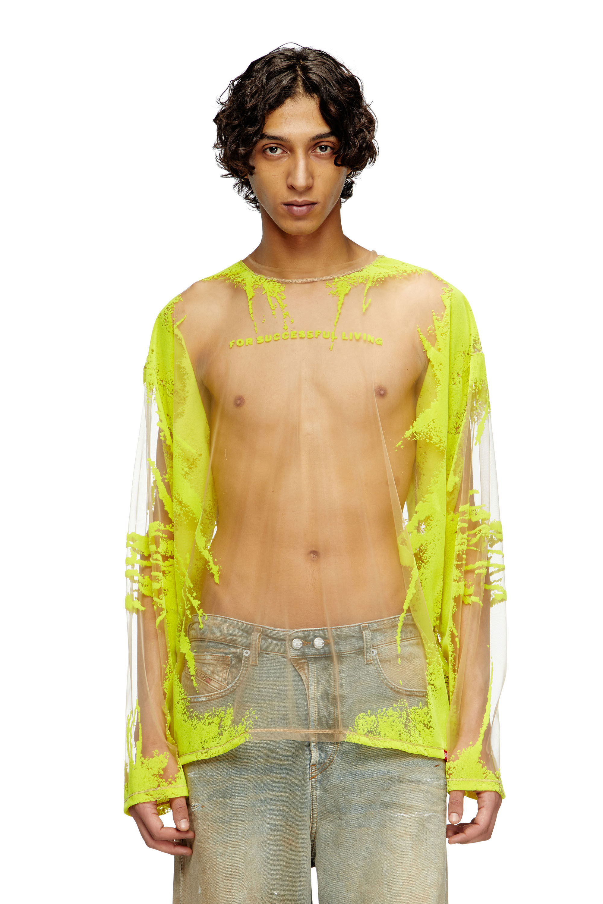 Diesel - T-HASSAN-LS-A, Unisex Langarm-T-Shirt aus Nylon mit Text-Print in Gelb - 3