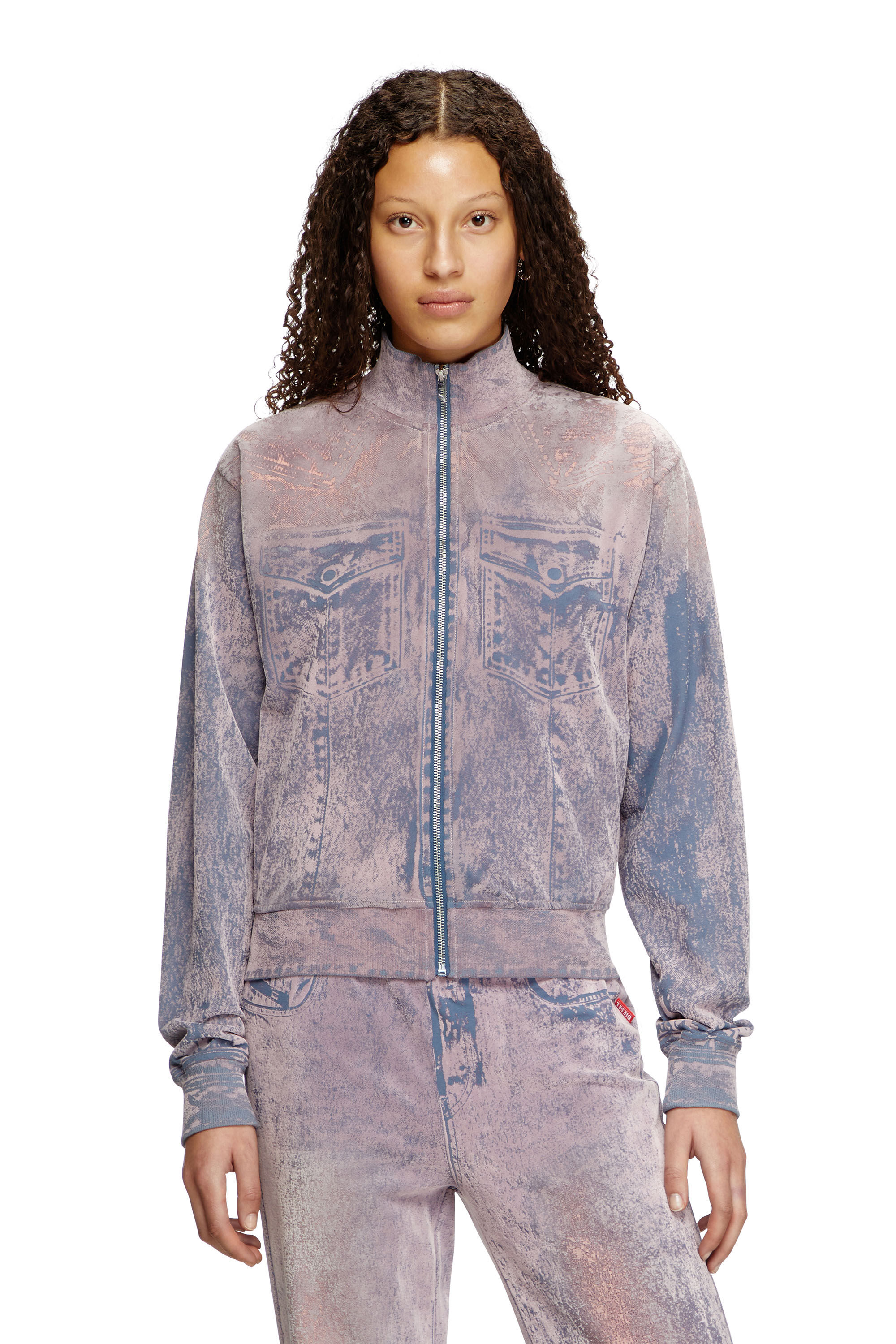 Diesel - F-SLITLY, Damen Reißverschluss-Sweatshirt mit beflocktem Trompe-l'Œil in Blau/Violett - 3