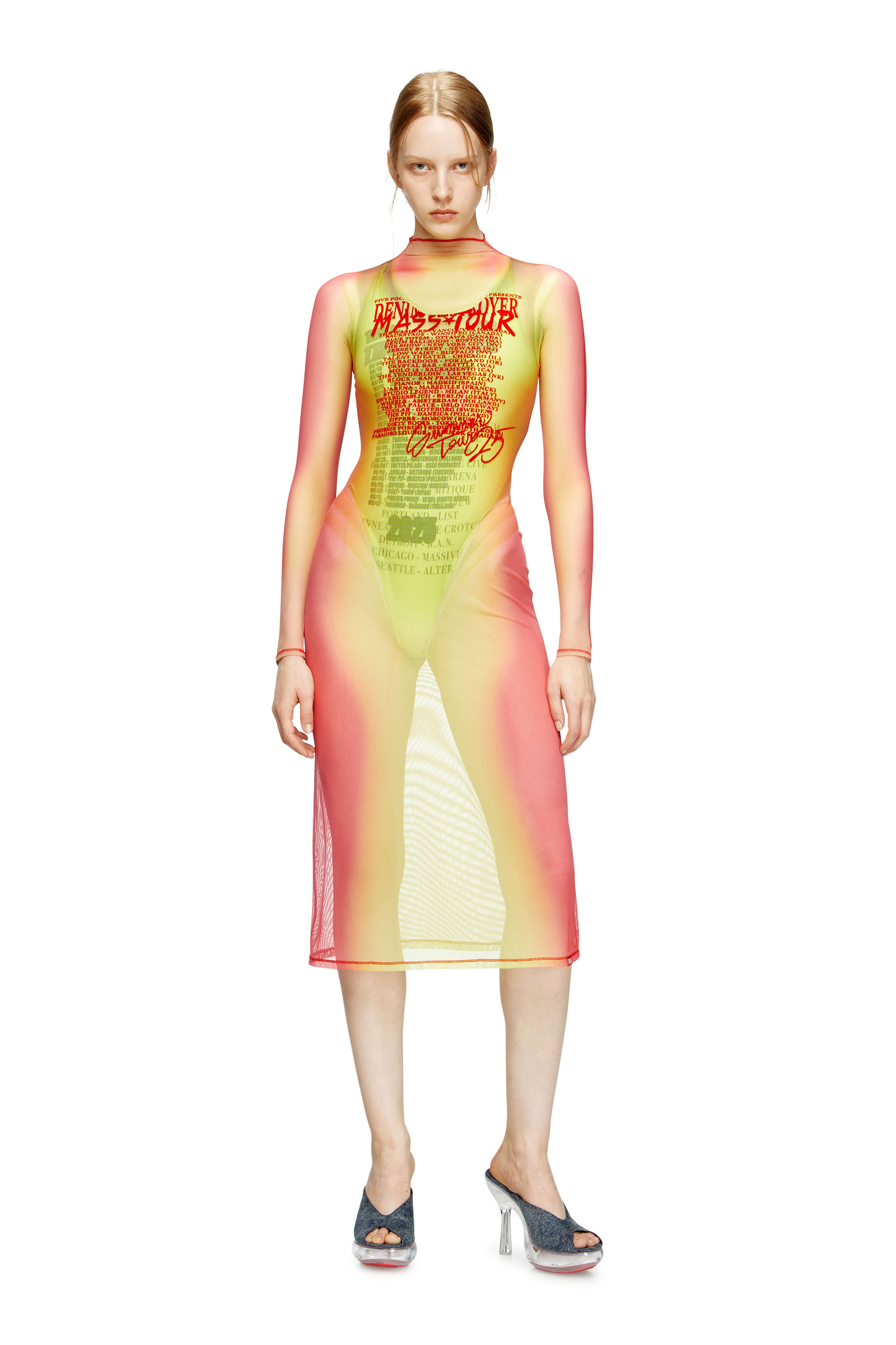 Diesel - D-AFNIC, Damen Mehrlagiges Midi-Kleid mit Text-Print in Rosa/Grün - 3