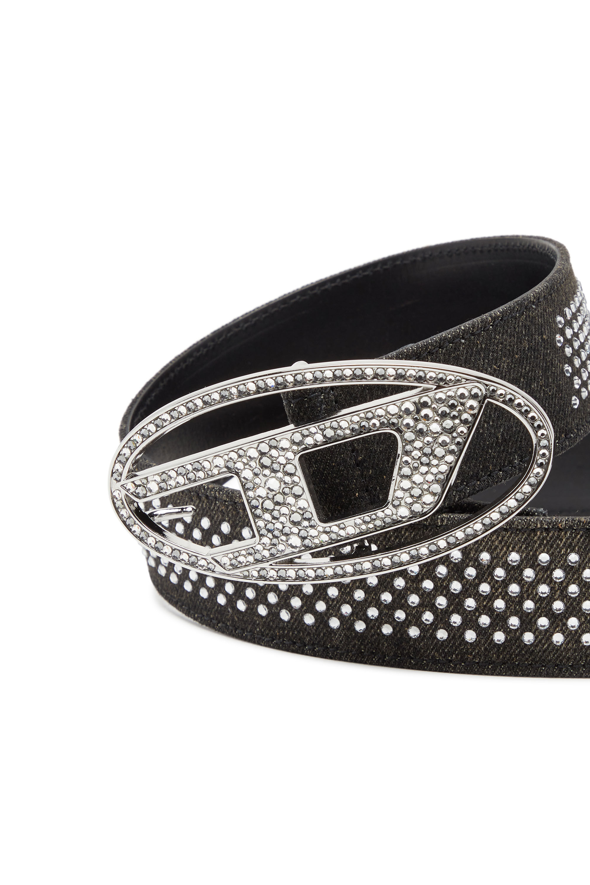 Damen Gürtel aus Denim und Leder mit Strass | Schwarz | Diesel