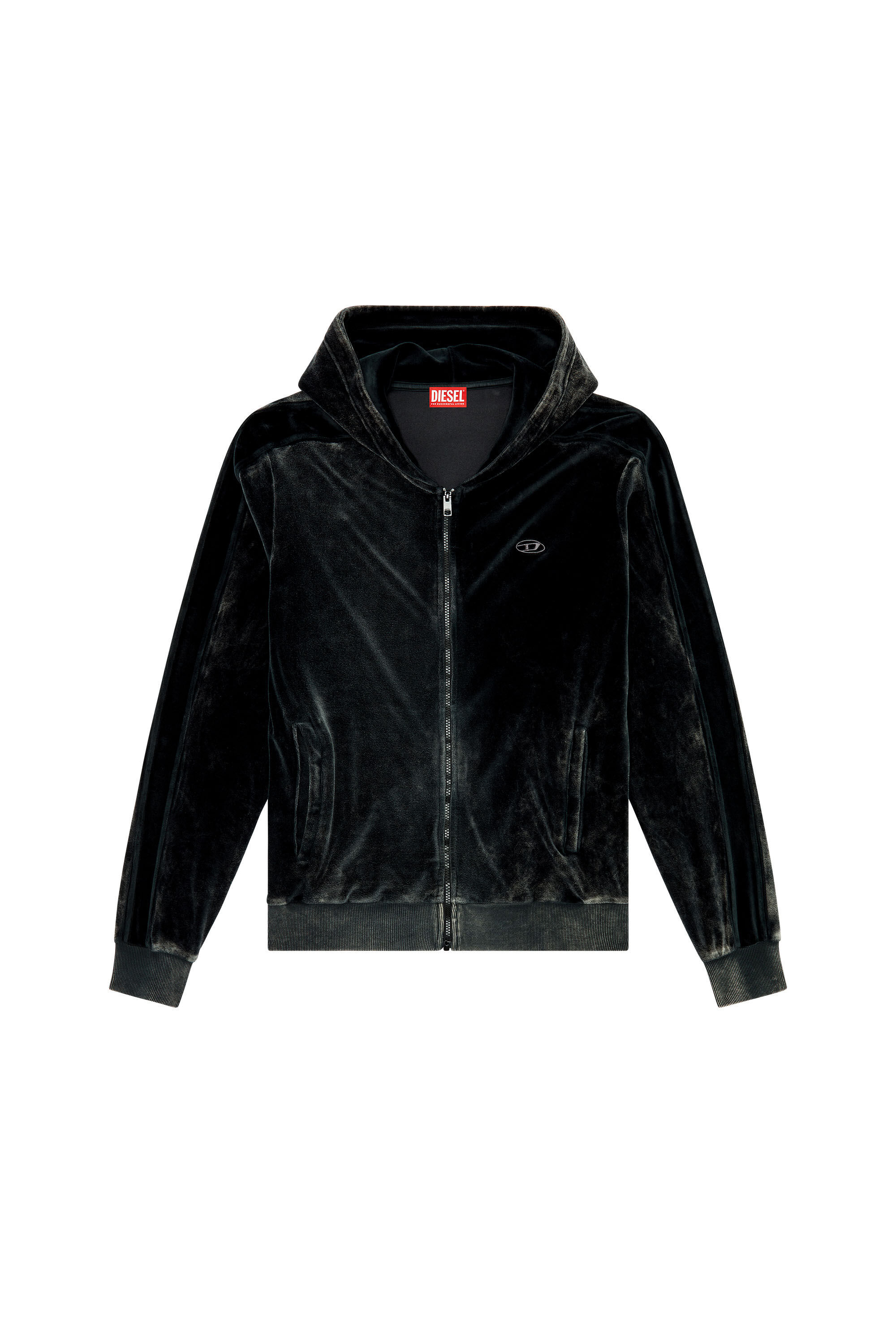 Diesel - S-OCLOCK, Man Acid-wash chenille zip-up hoodie in Black - Image 2